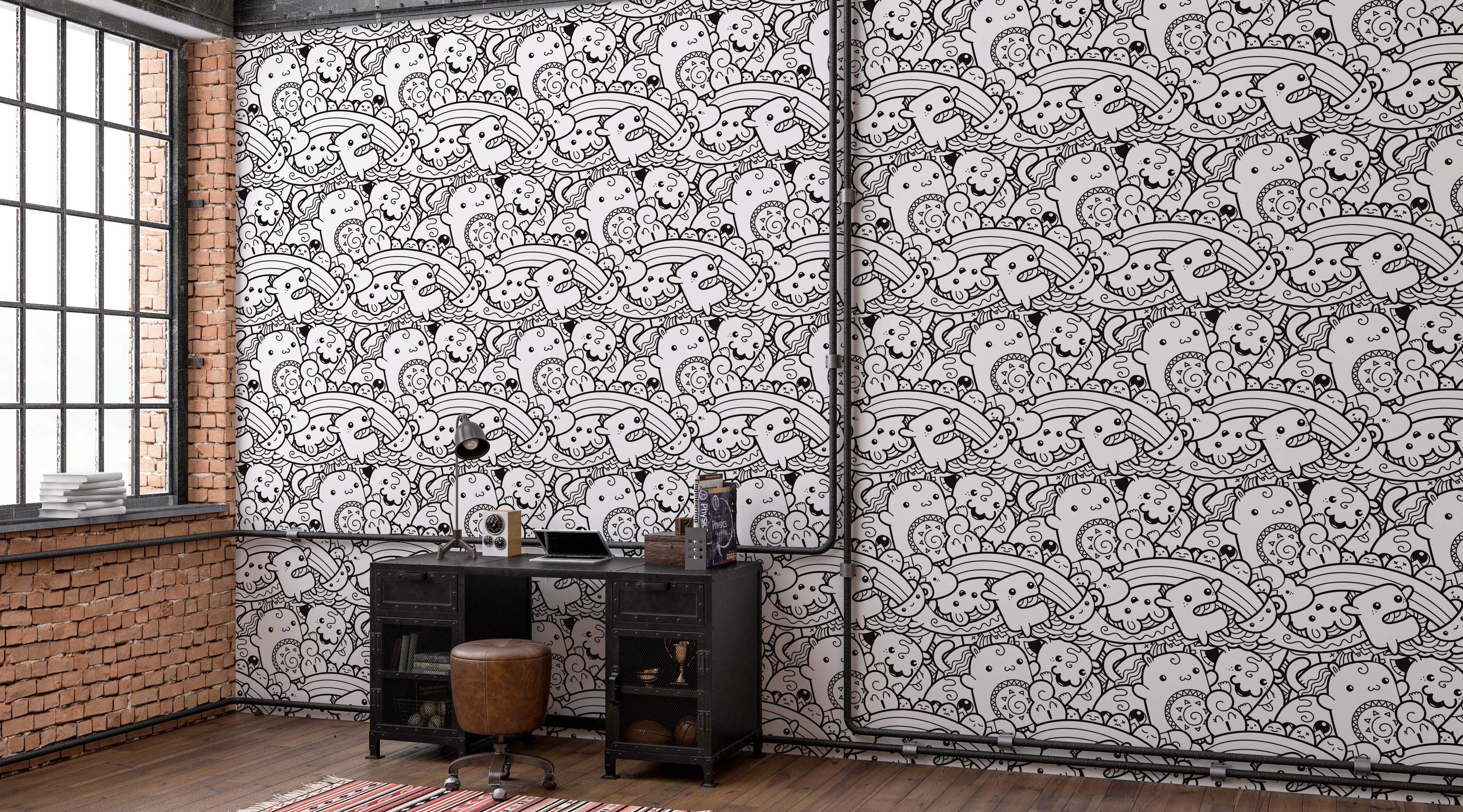 Whimsical black and white wallpaper featuring a dense pattern of cartoon doodle creatures, monsters, and rainbows.