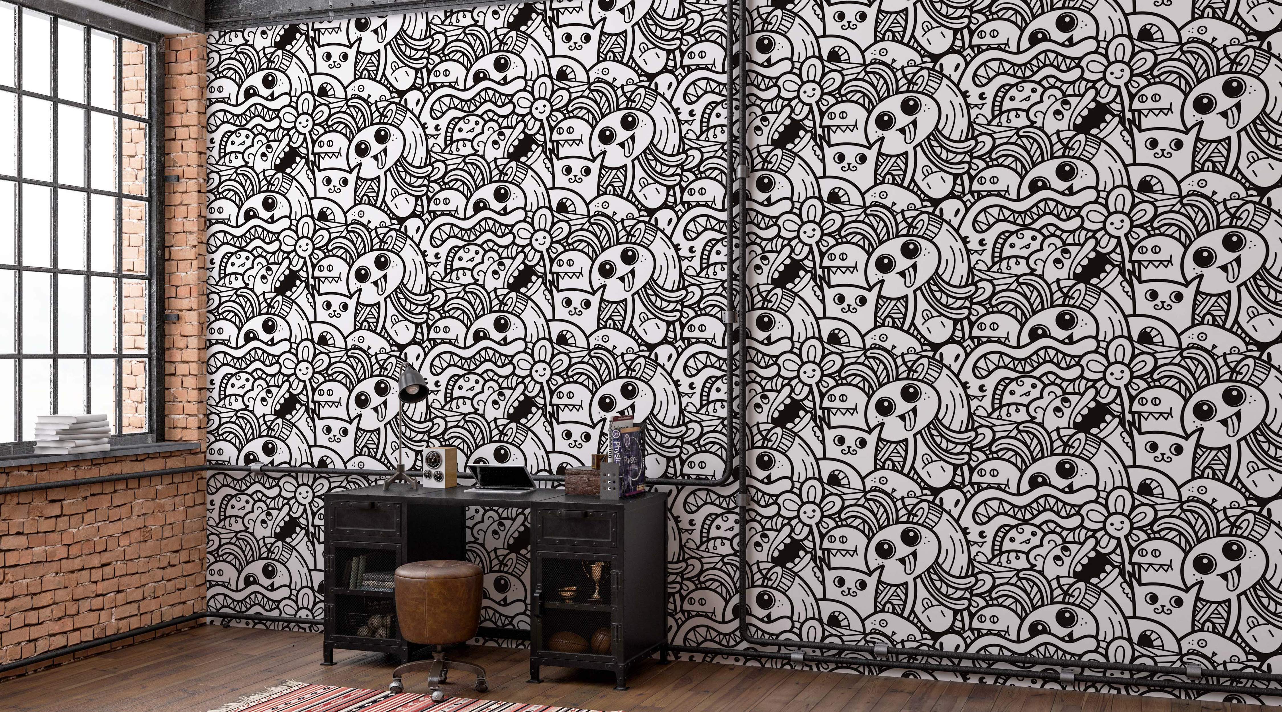 Black and white wallpaper featuring a dense, repeating pattern of various cartoon doodle monsters and quirky creatures.