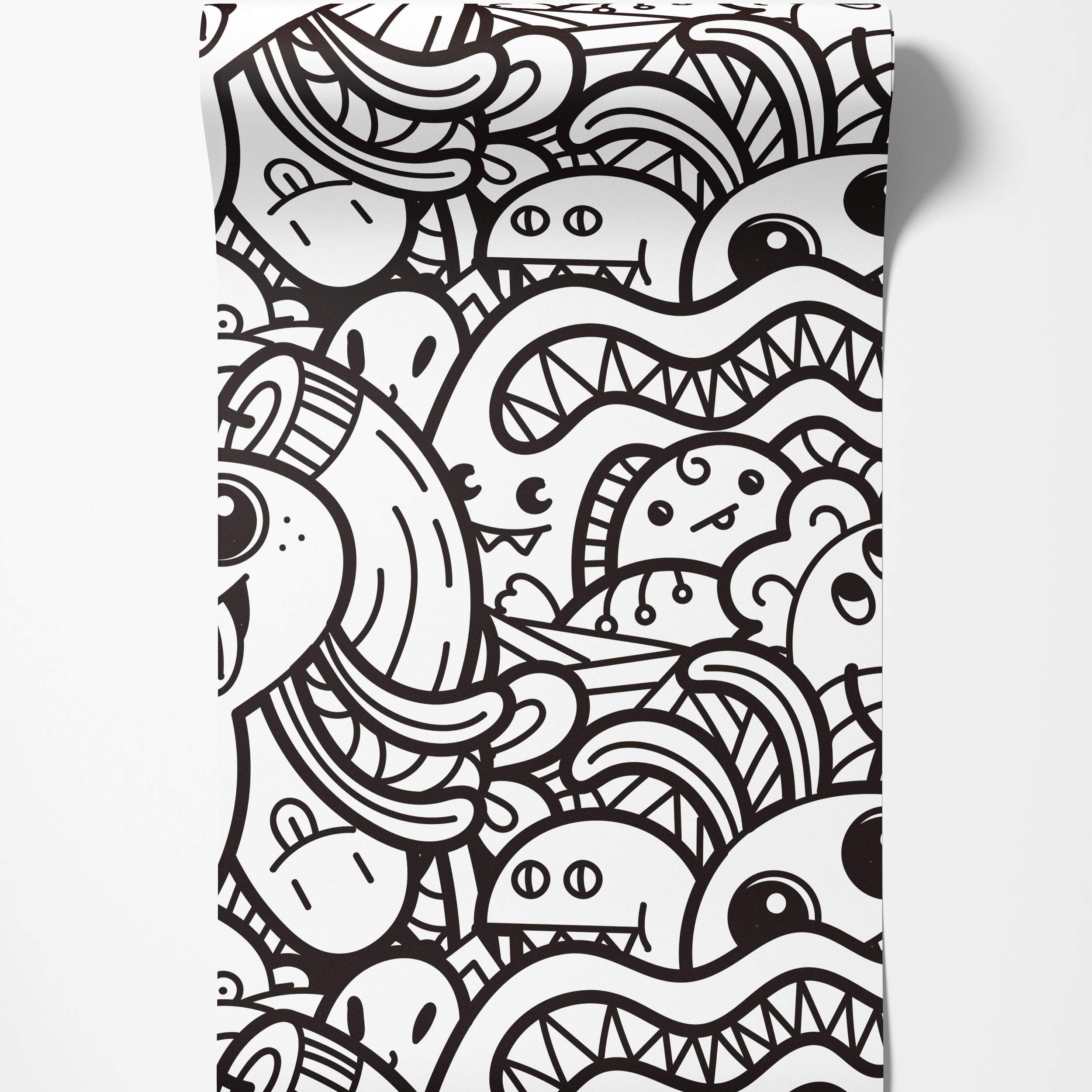 Black and white wallpaper featuring a dense pattern of cartoon doodle monsters with large eyes and teeth.