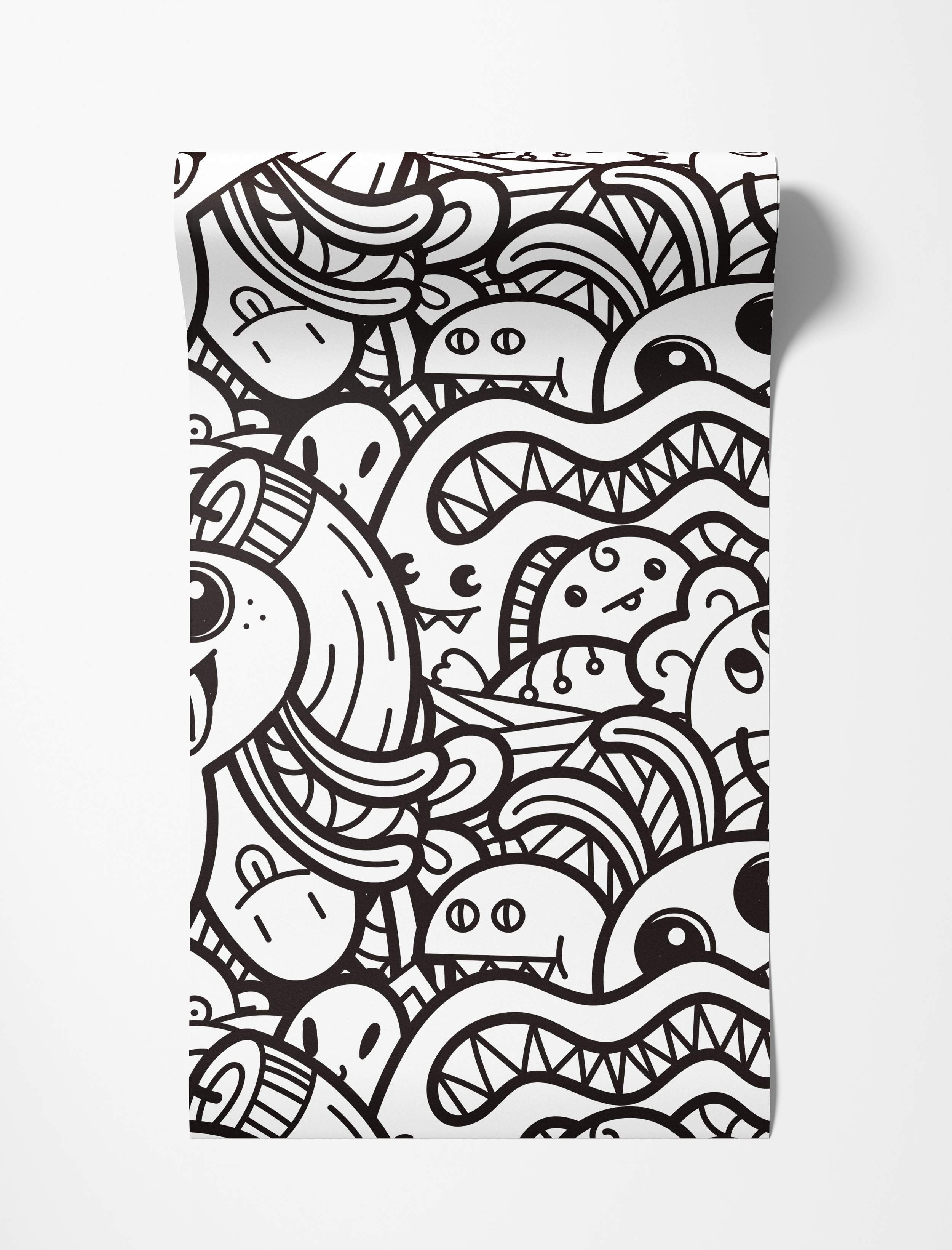 Black and white wallpaper featuring a dense pattern of cartoon doodle monsters with large eyes and teeth.