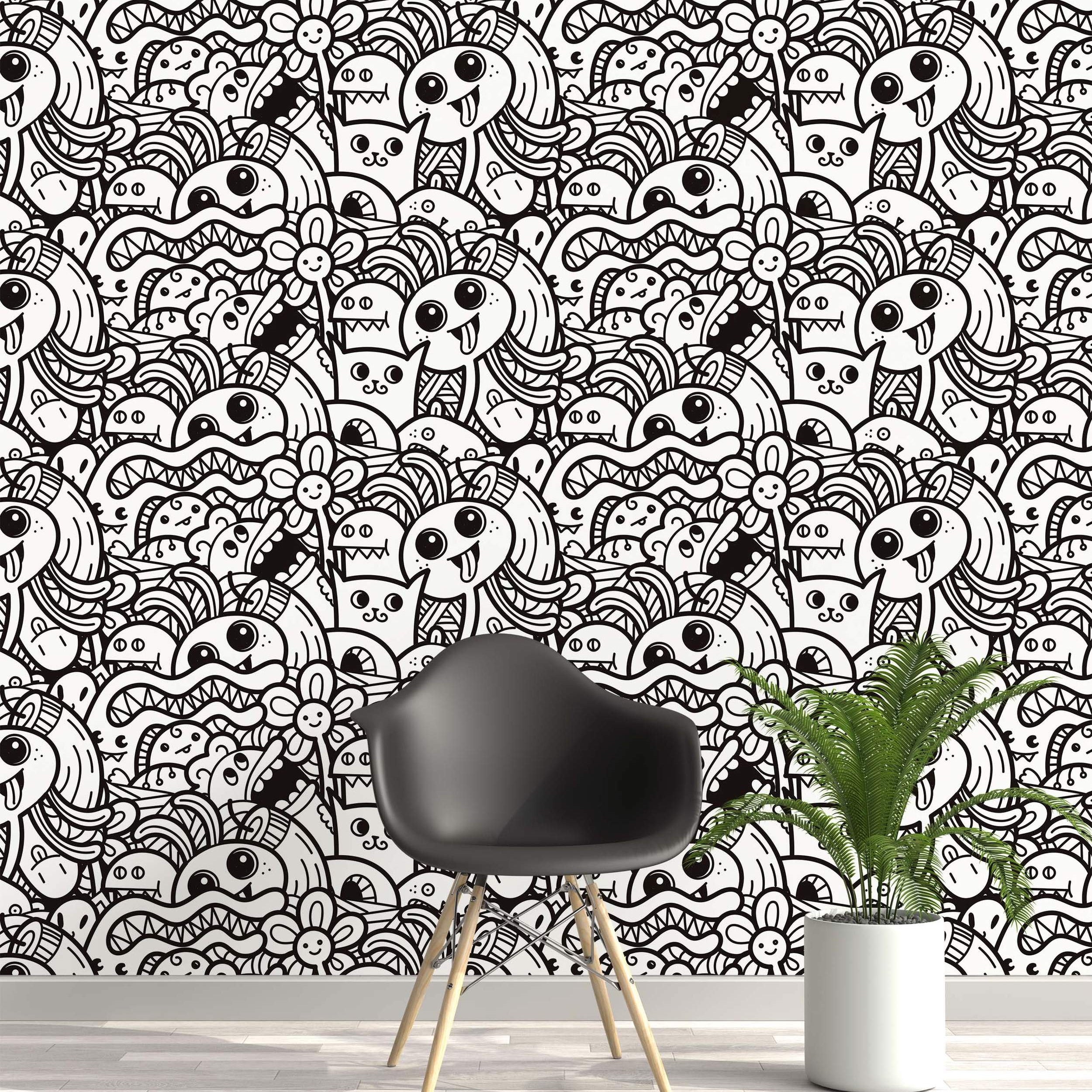 Black and white wallpaper featuring a dense repeating pattern of cartoon doodle monsters and creatures.