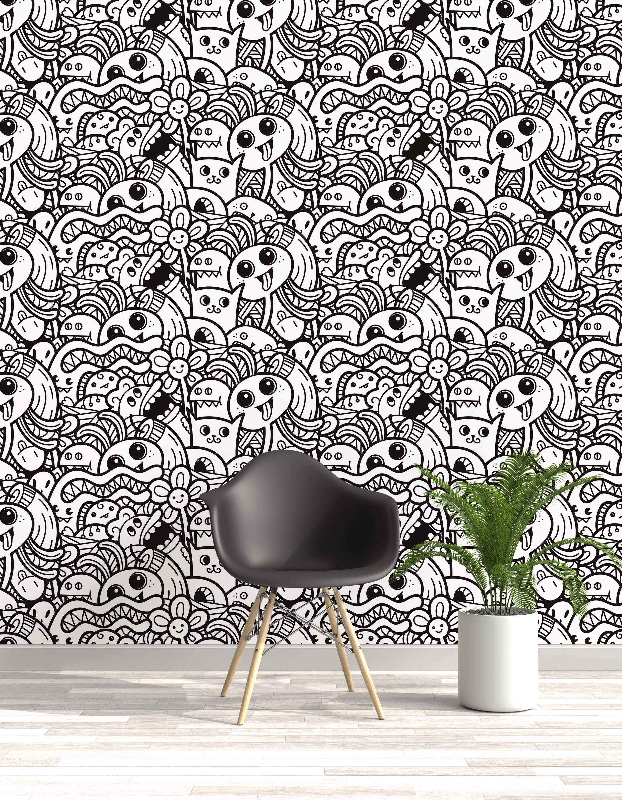 Black and white wallpaper featuring a dense repeating pattern of cartoon doodle monsters and creatures.