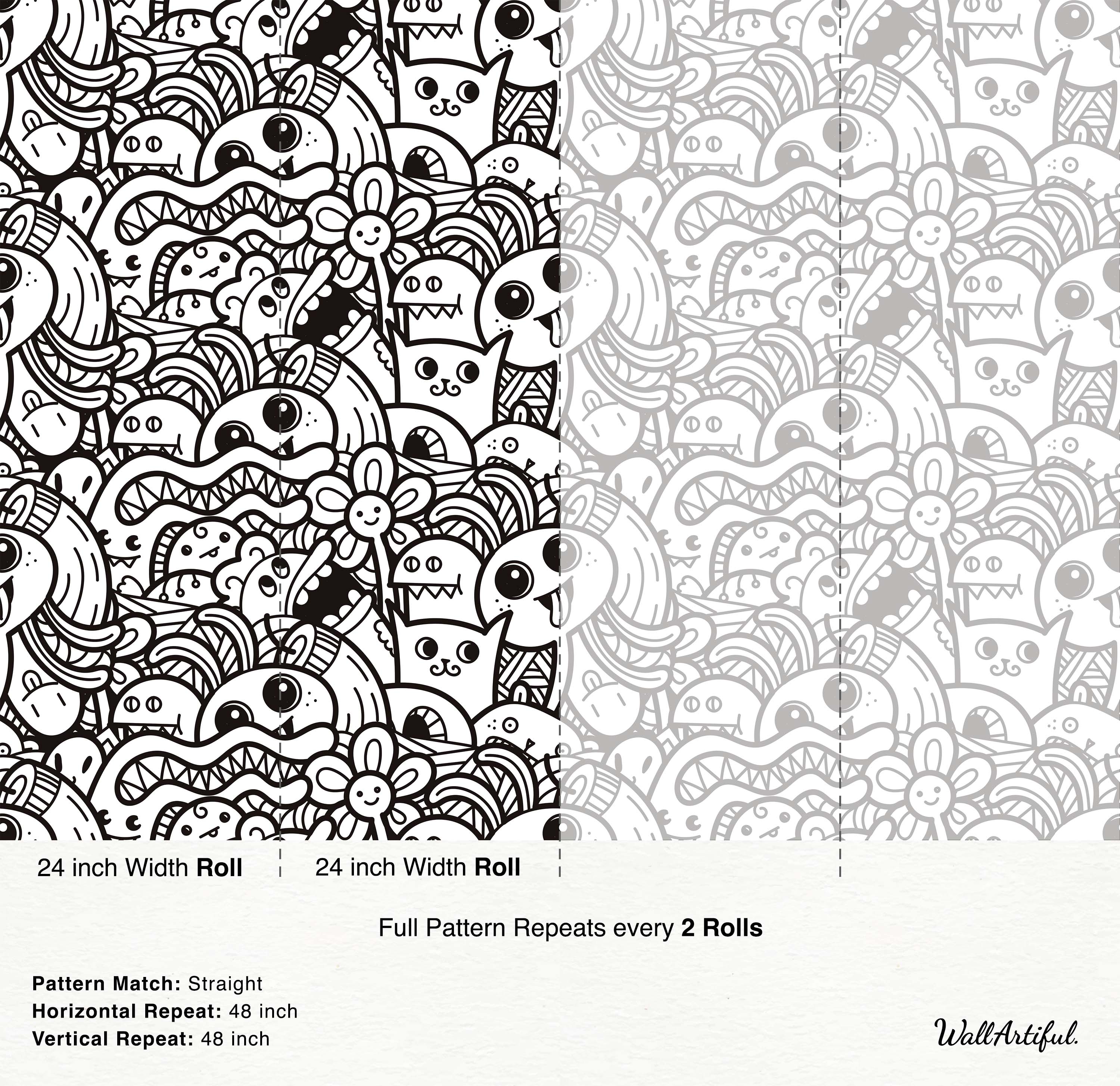 Whimsical black and white wallpaper featuring a dense pattern of cartoon doodle monsters and creatures.