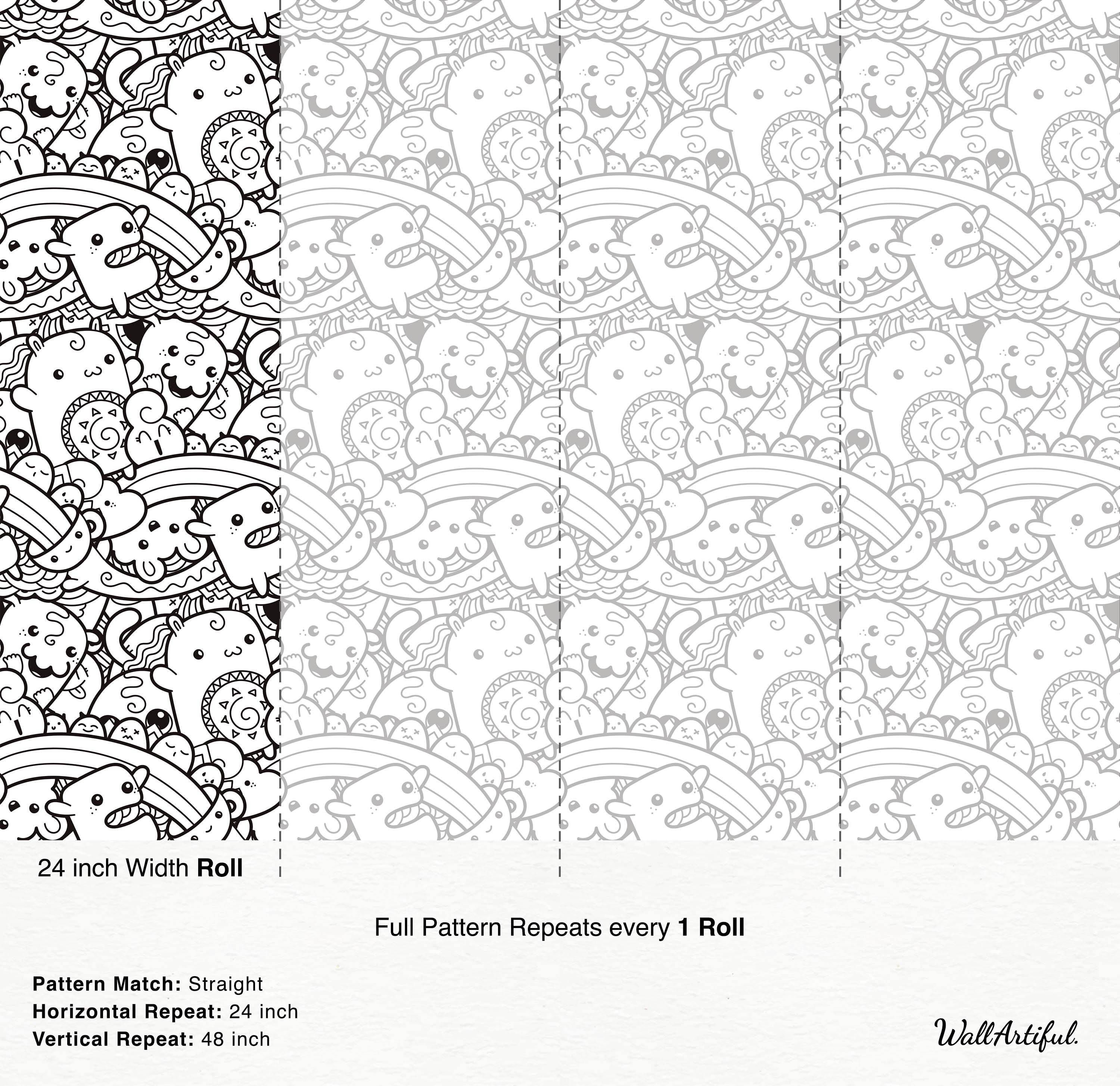 A black and white line art wallpaper featuring a dense pattern of cute, cartoon doodle monsters, clouds, and rainbows.