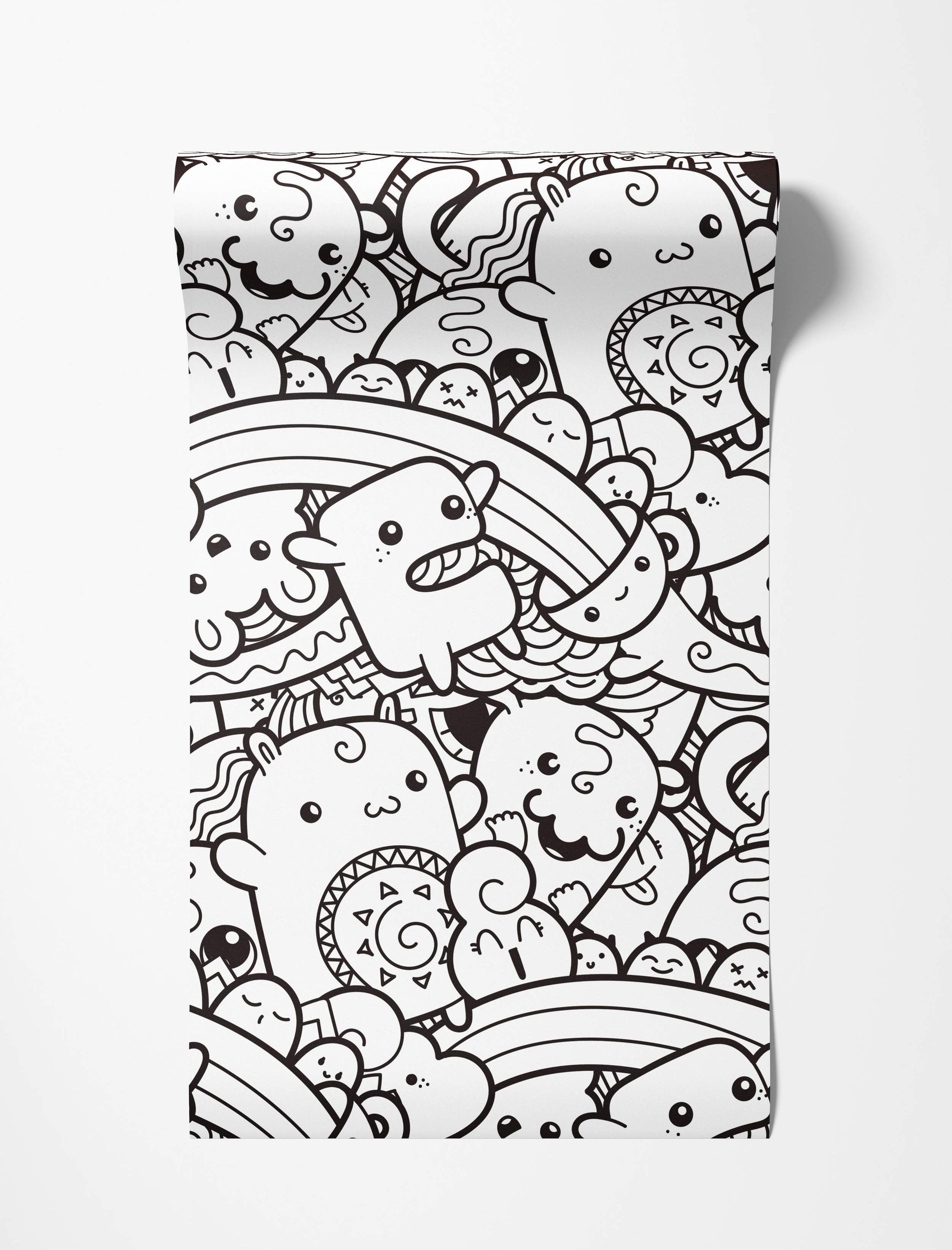 Black and white doodle wallpaper featuring a dense pattern of cute cartoon monsters, clouds, and rainbows.