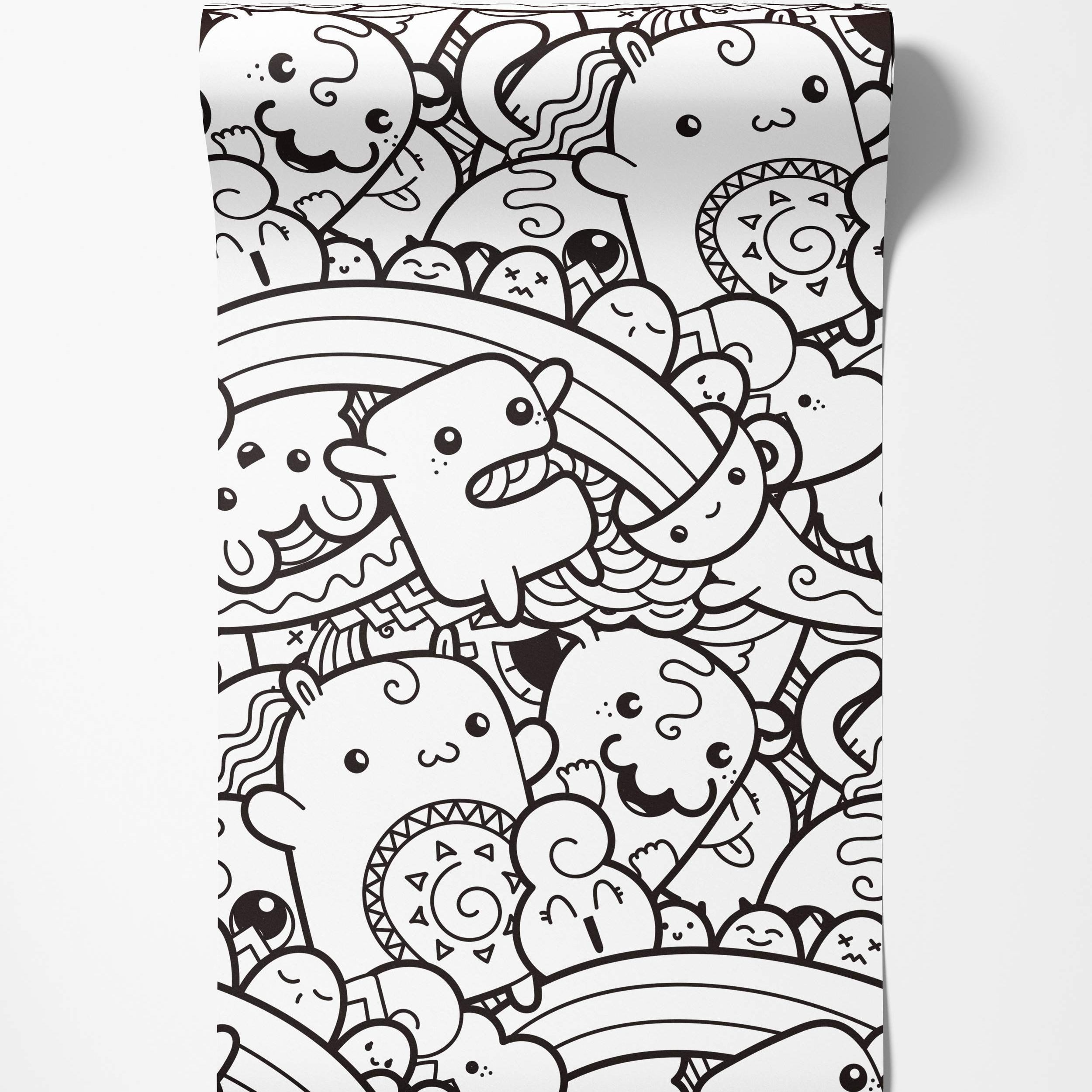 Black and white doodle wallpaper featuring a dense pattern of cute cartoon monsters, clouds, and rainbows.