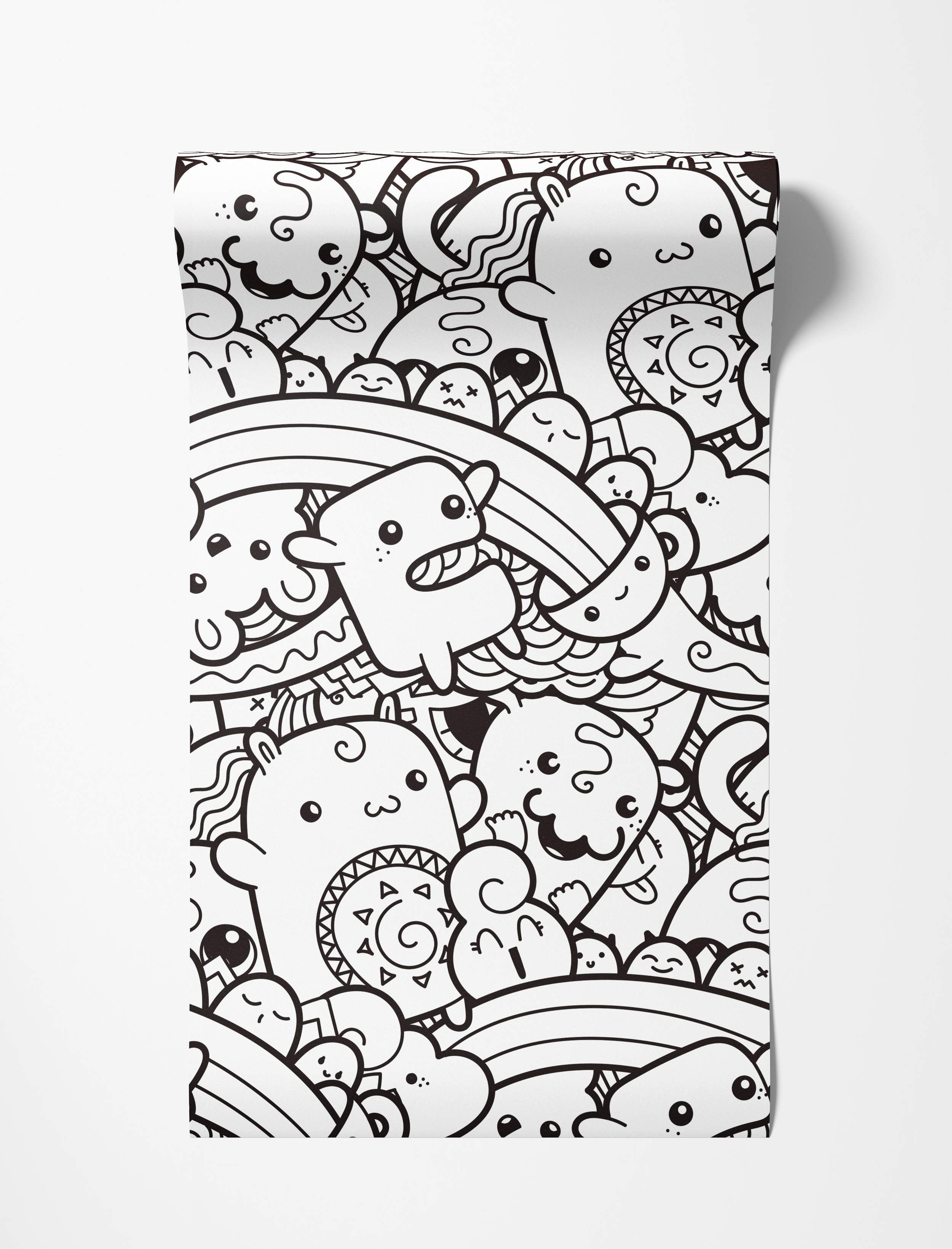 Black and white doodle wallpaper featuring a dense pattern of cute cartoon monsters, clouds, and rainbows.