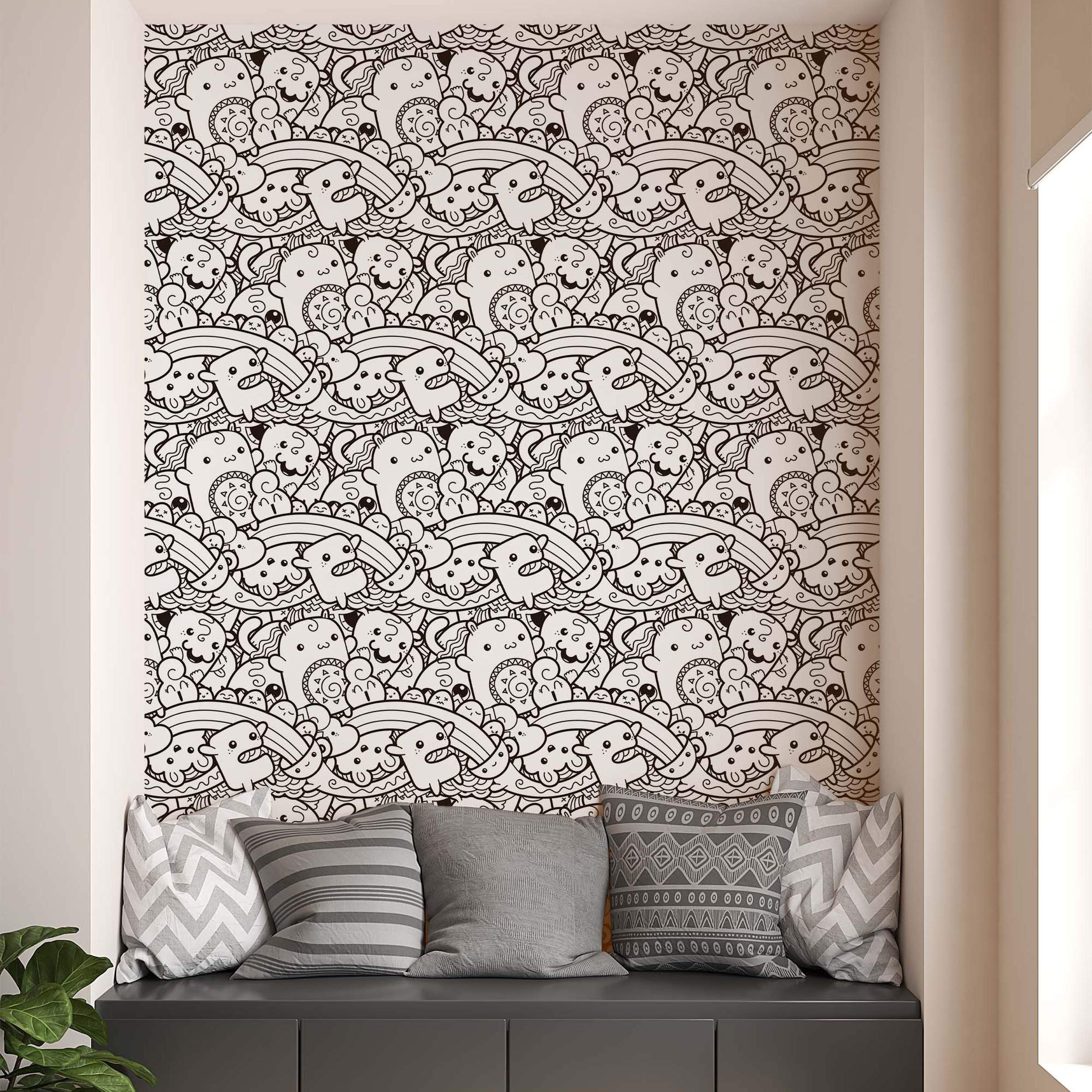 Black and white wallpaper featuring a repeating pattern of whimsical cartoon doodle monsters, clouds, and rainbows.