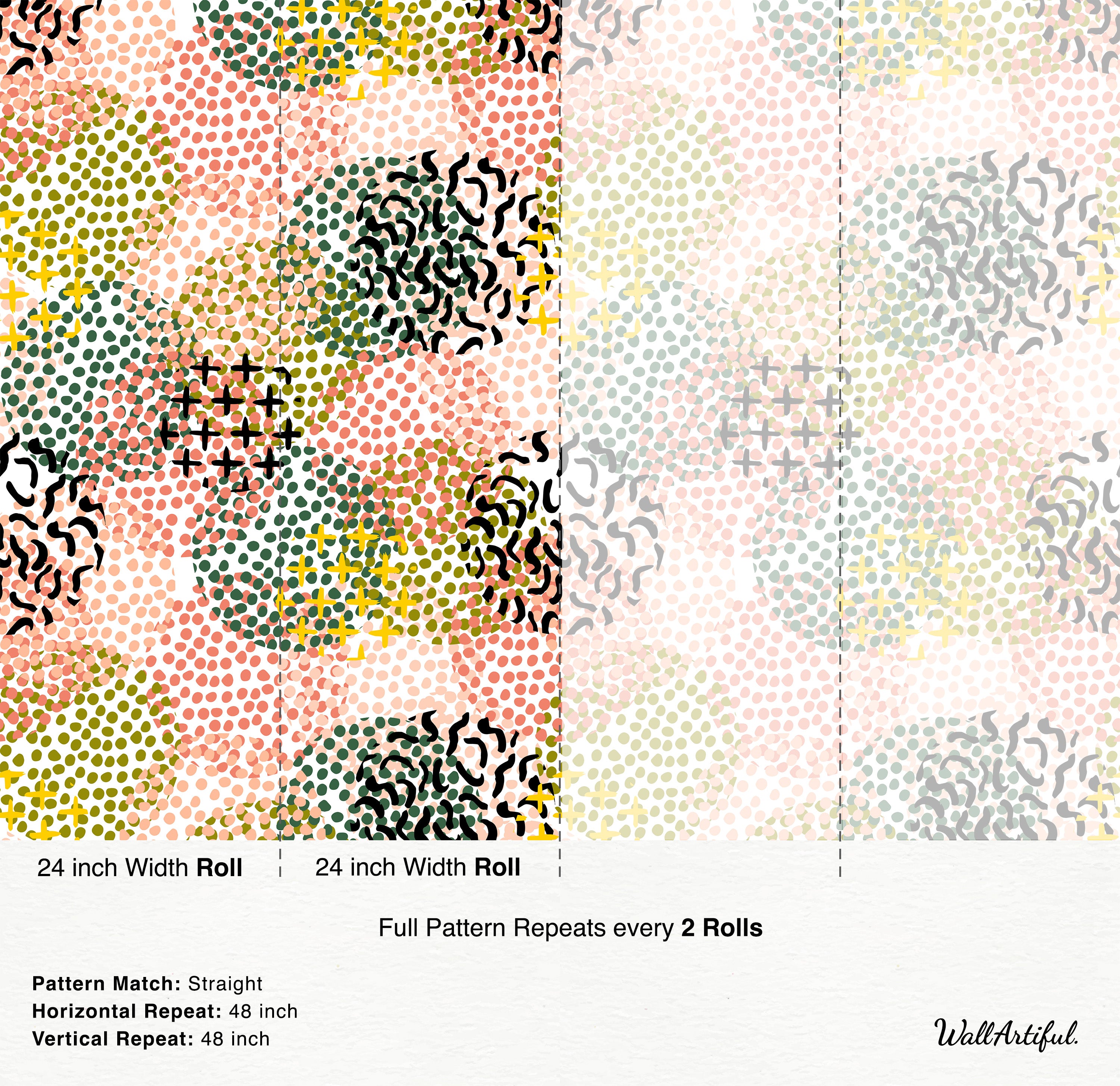 Abstract wallpaper featuring clusters of pink, olive, and dark green dots, yellow plus signs, and black squiggles.