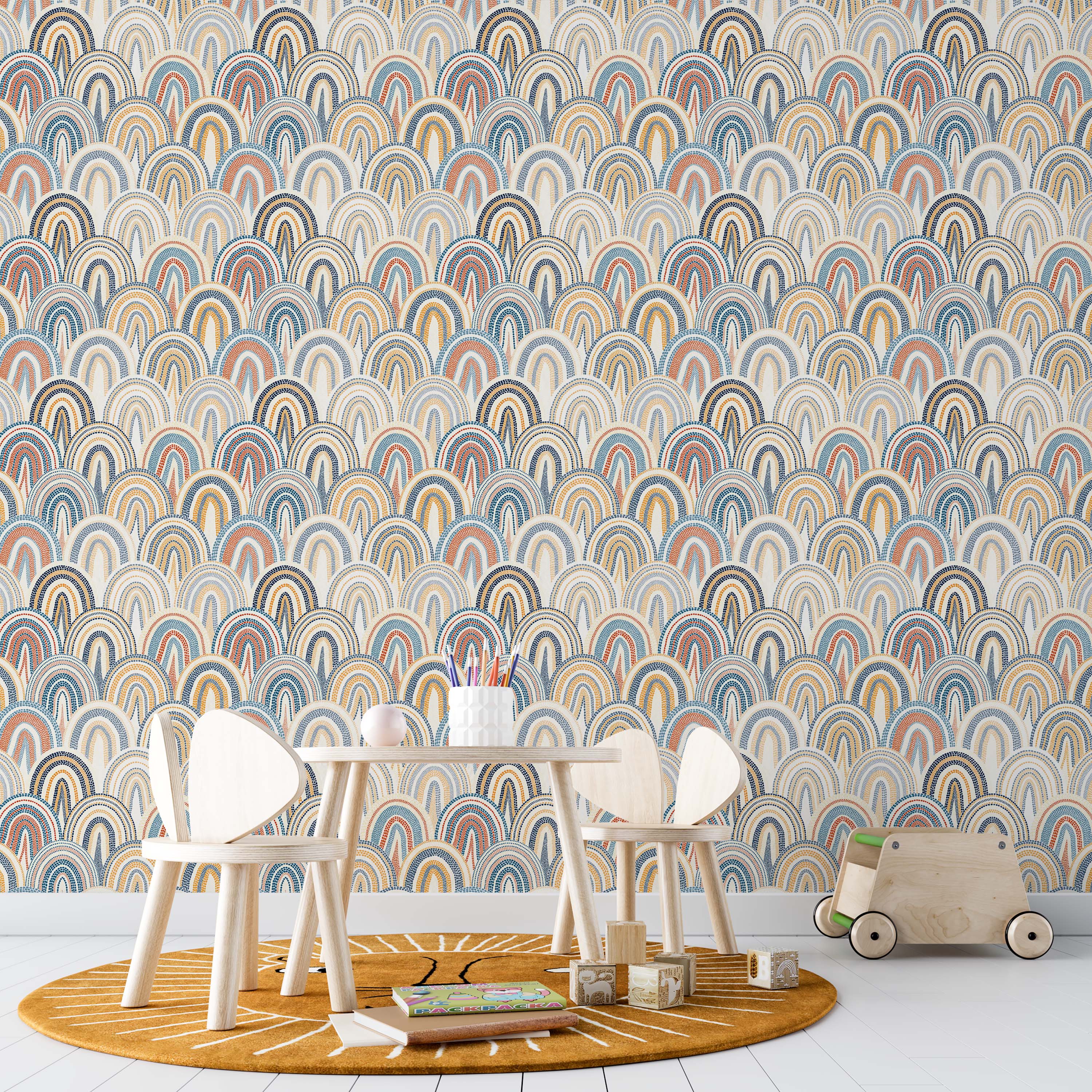 Bohemian wallpaper featuring a dense pattern of layered, dotted arches in earthy tones of blue, mustard, and terracotta.