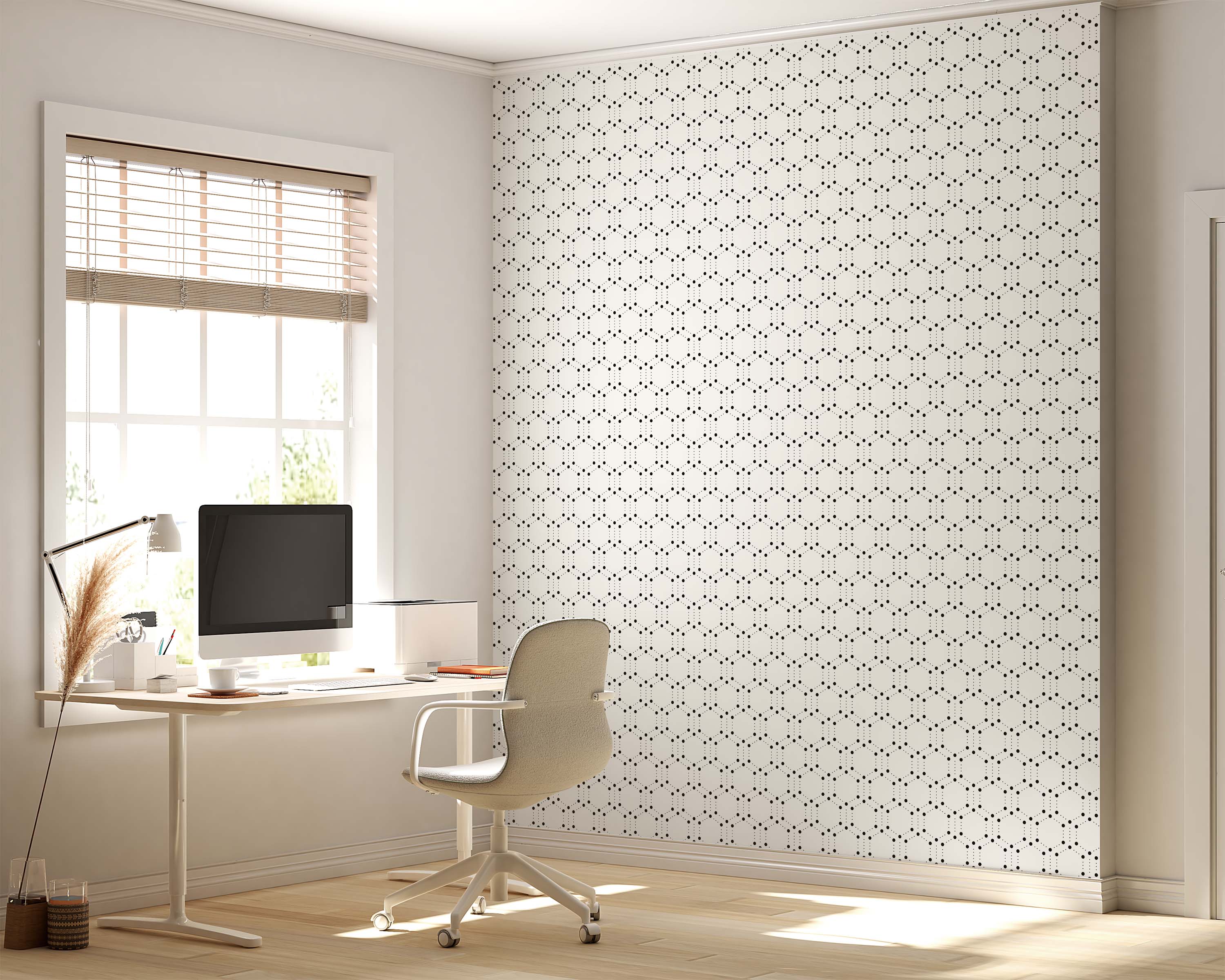 Geometric wallpaper with a pattern of black dots forming interconnected hexagons on a white background.