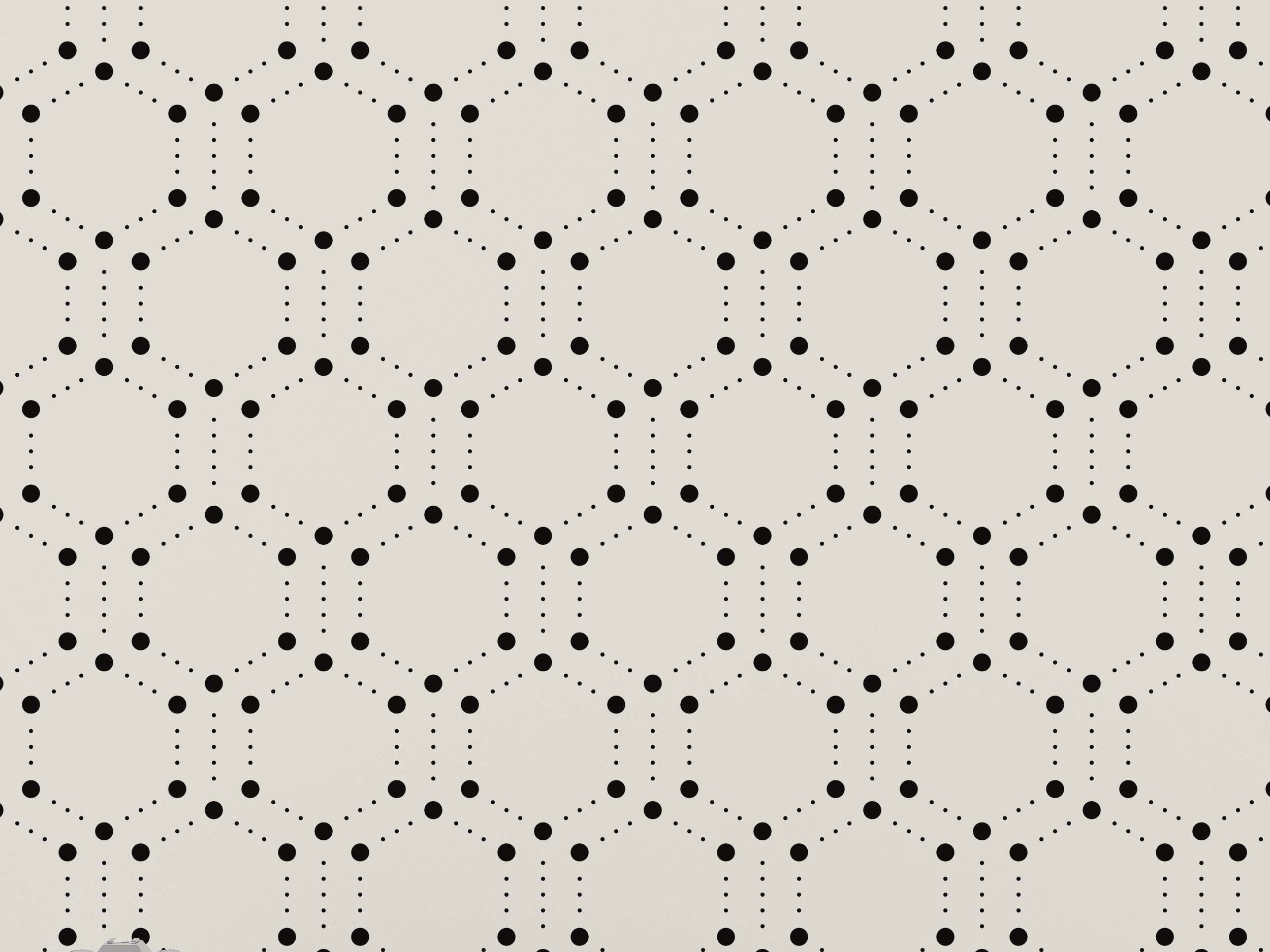 Wallpaper featuring a geometric pattern of large black dots forming hexagons, connected by smaller dotted lines, on a beige background.