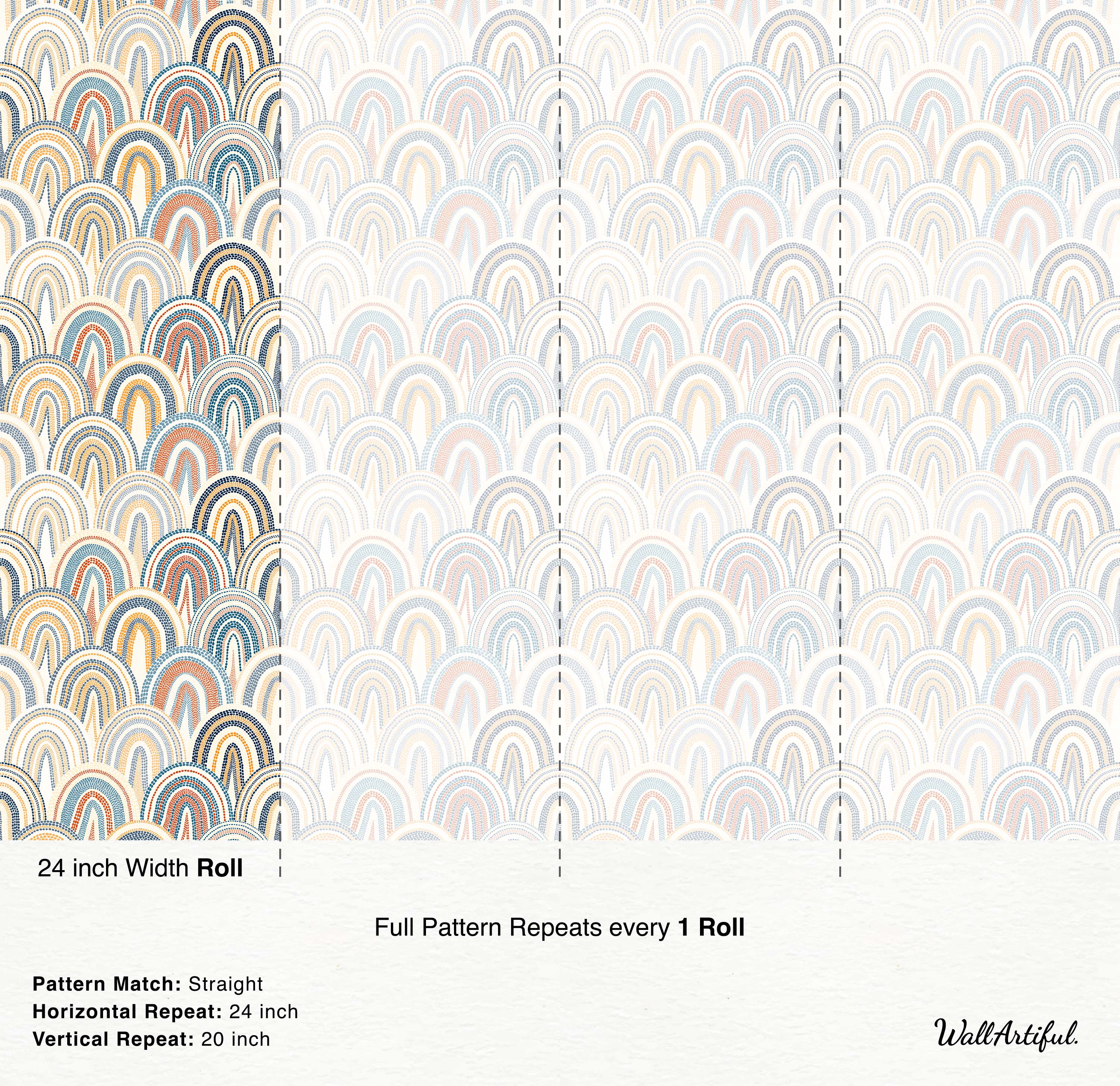 Wallpaper with a pattern of overlapping rainbow arches made of dots in shades of blue, orange, yellow, and gray on a cream background.