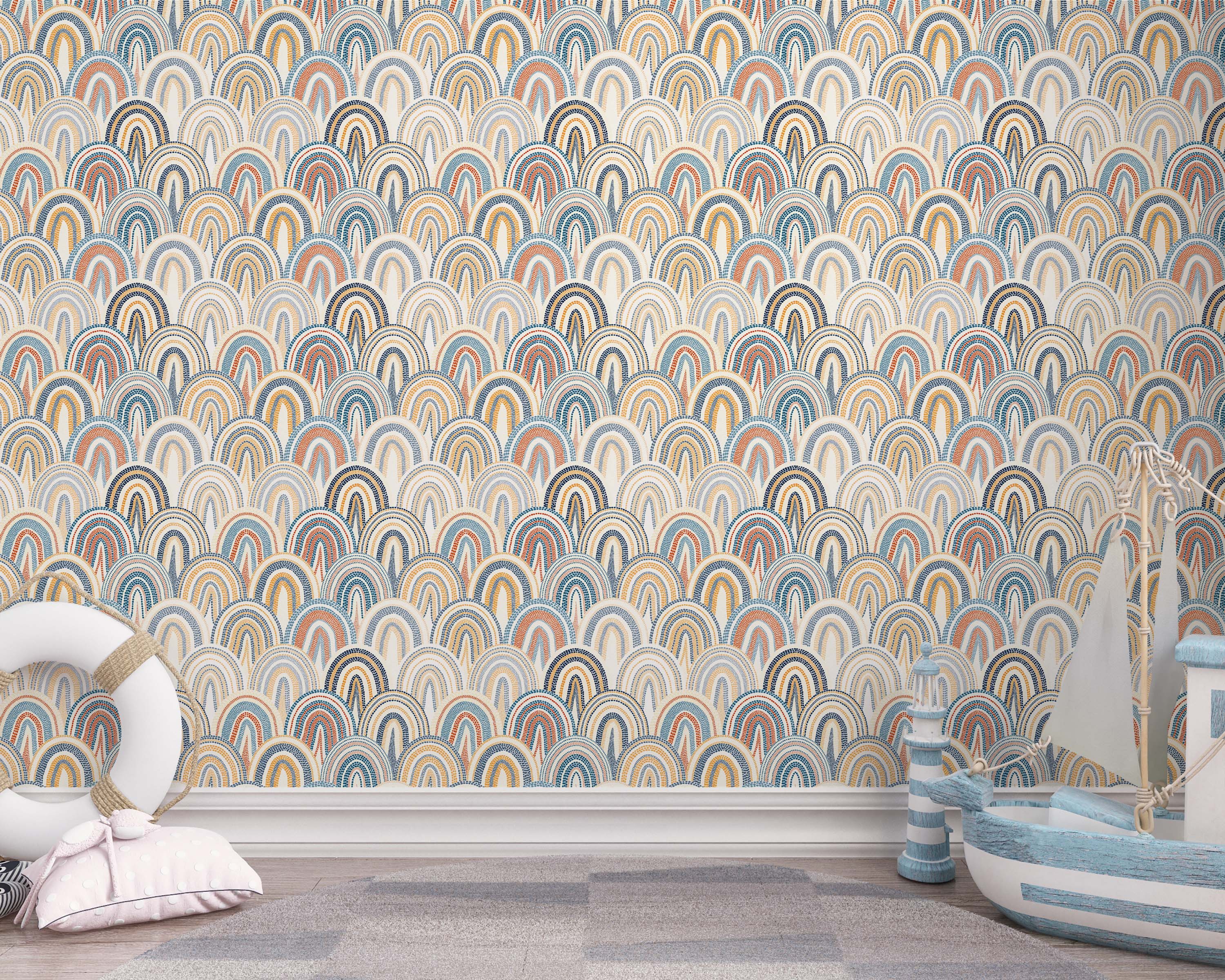 Wallpaper with a repeating pattern of dotted, overlapping arches in shades of blue, orange, and yellow on a cream background.