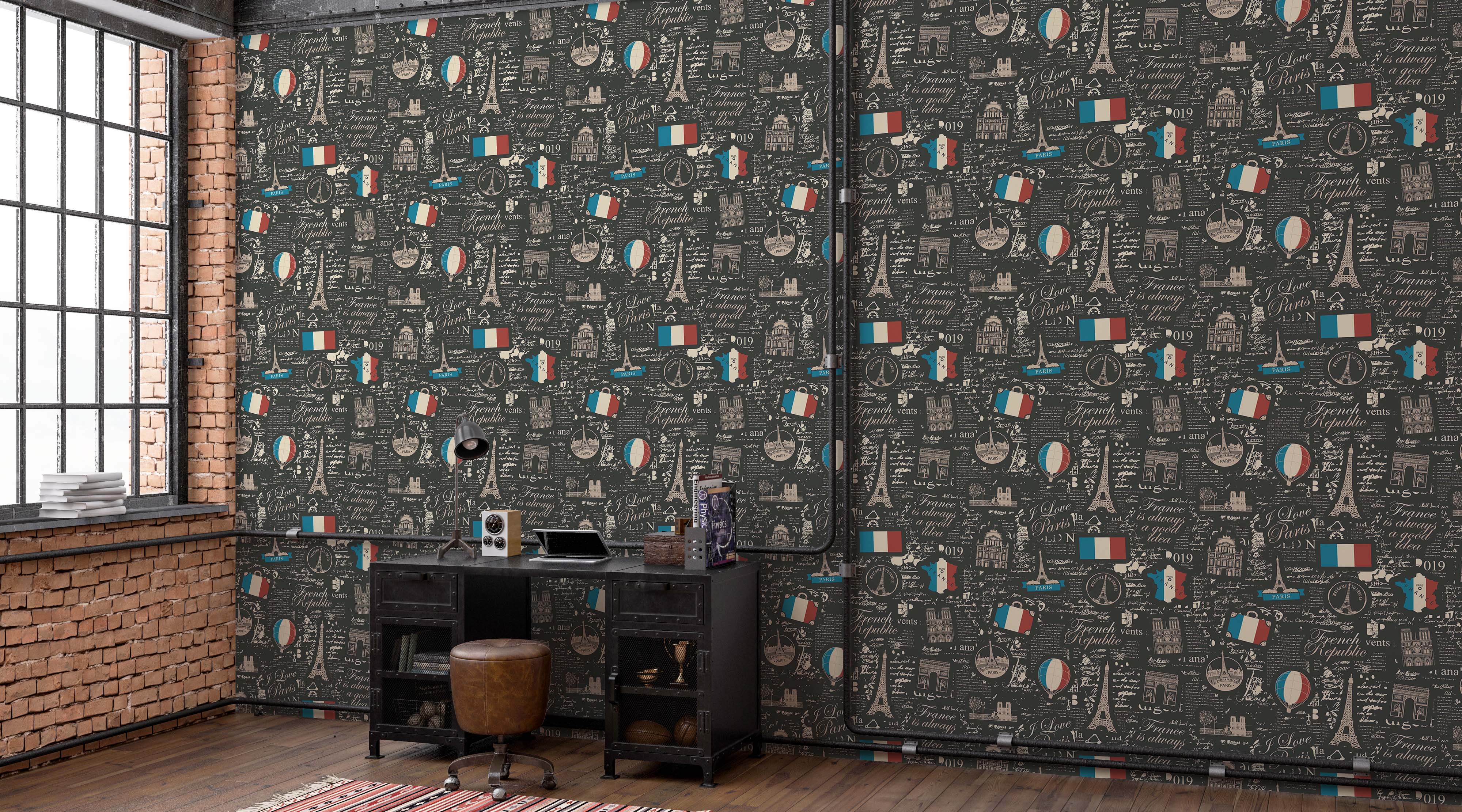 Dark gray wallpaper with a repeating pattern of Eiffel Towers, French flags, script text, and Parisian icons in beige, red, white, and blue.