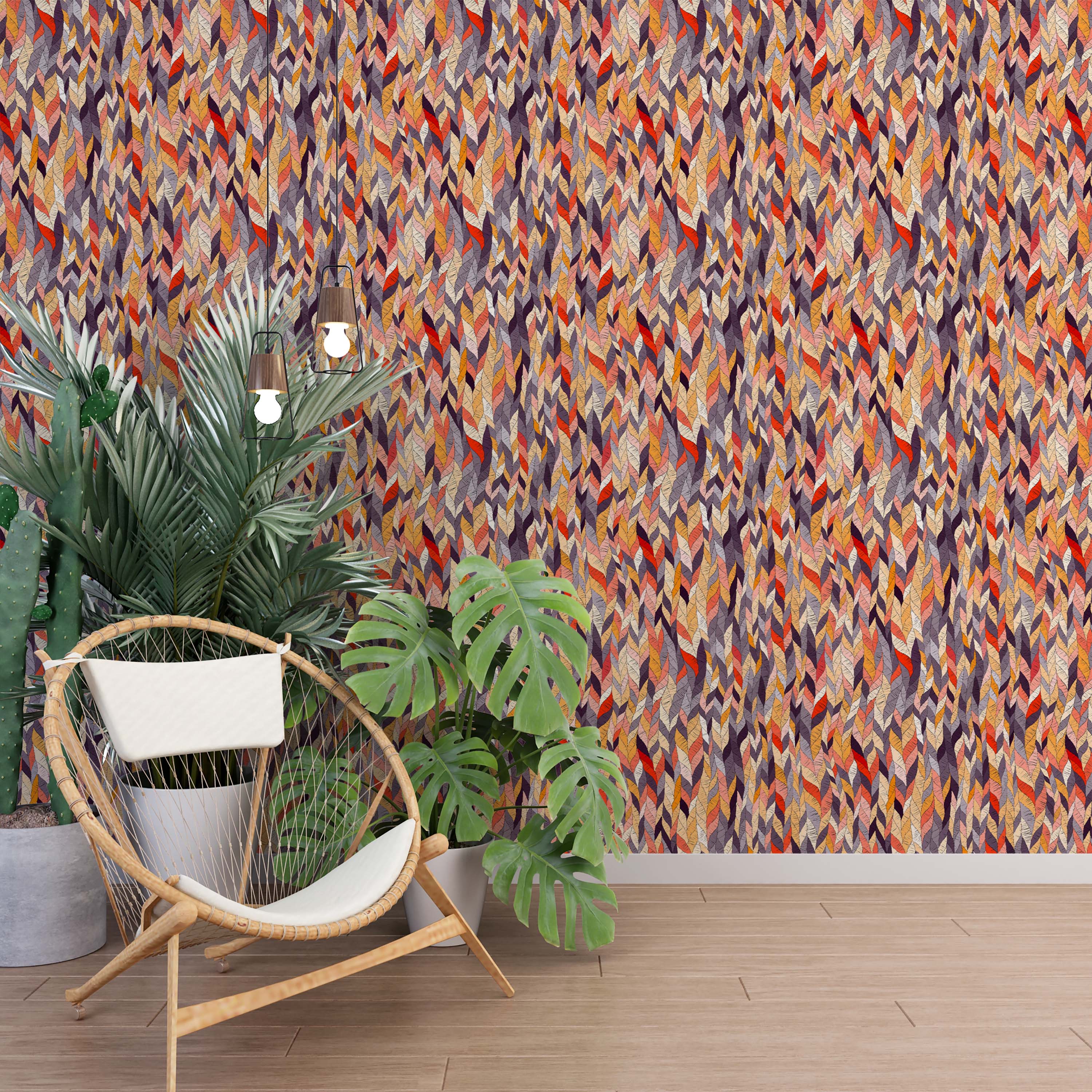 Wallpaper with an embroidered-style, dense vertical pattern of leaf shapes in a rich autumn palette of orange, red, yellow, and purple.