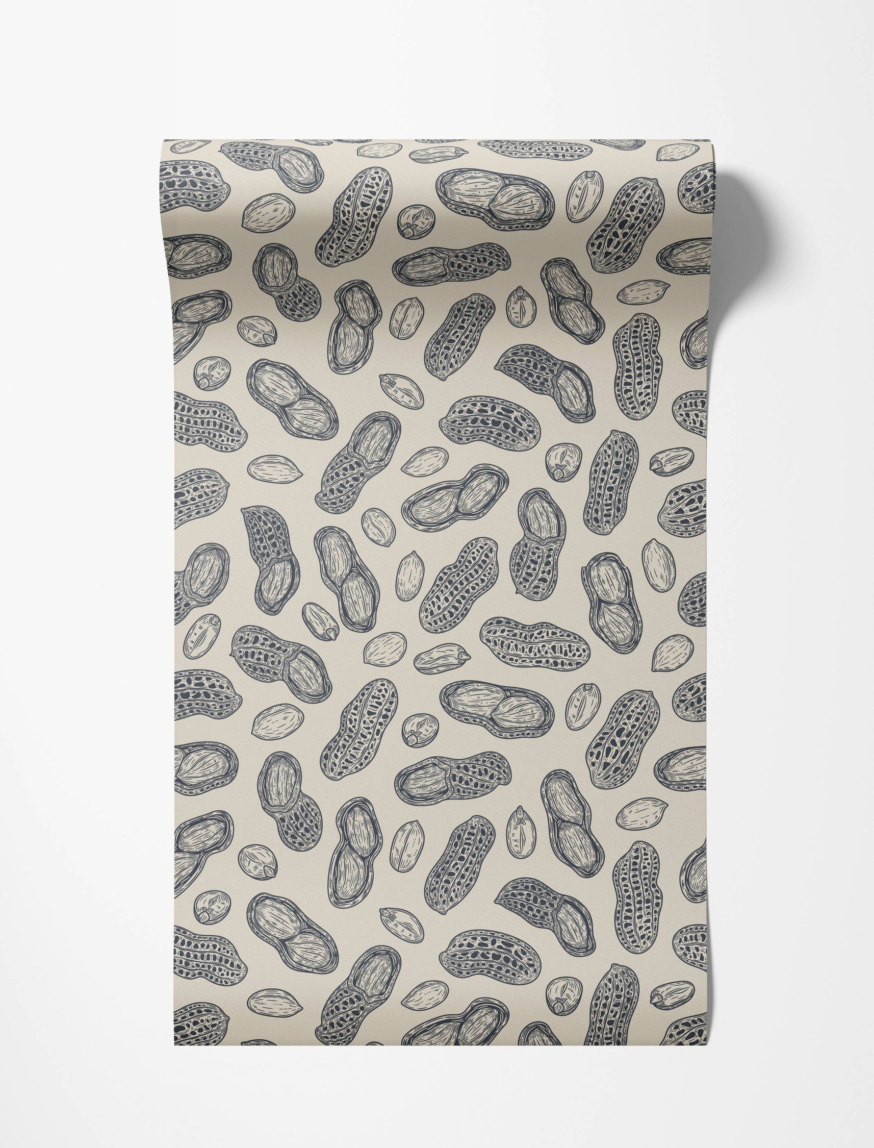 Wallpaper with an engraved-style repeating pattern of peanuts in dark blue on a light beige background.