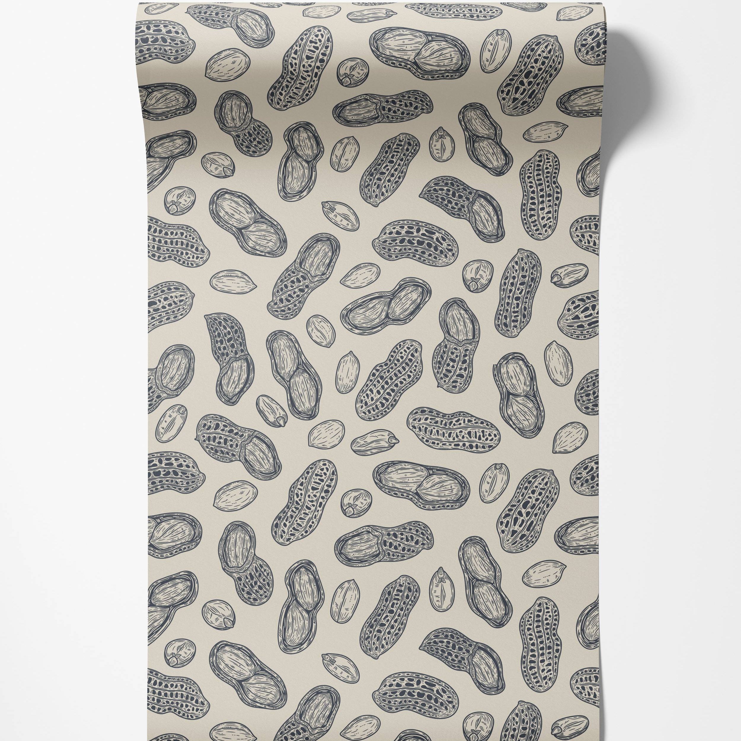 Wallpaper with an engraved-style repeating pattern of peanuts in dark blue on a light beige background.