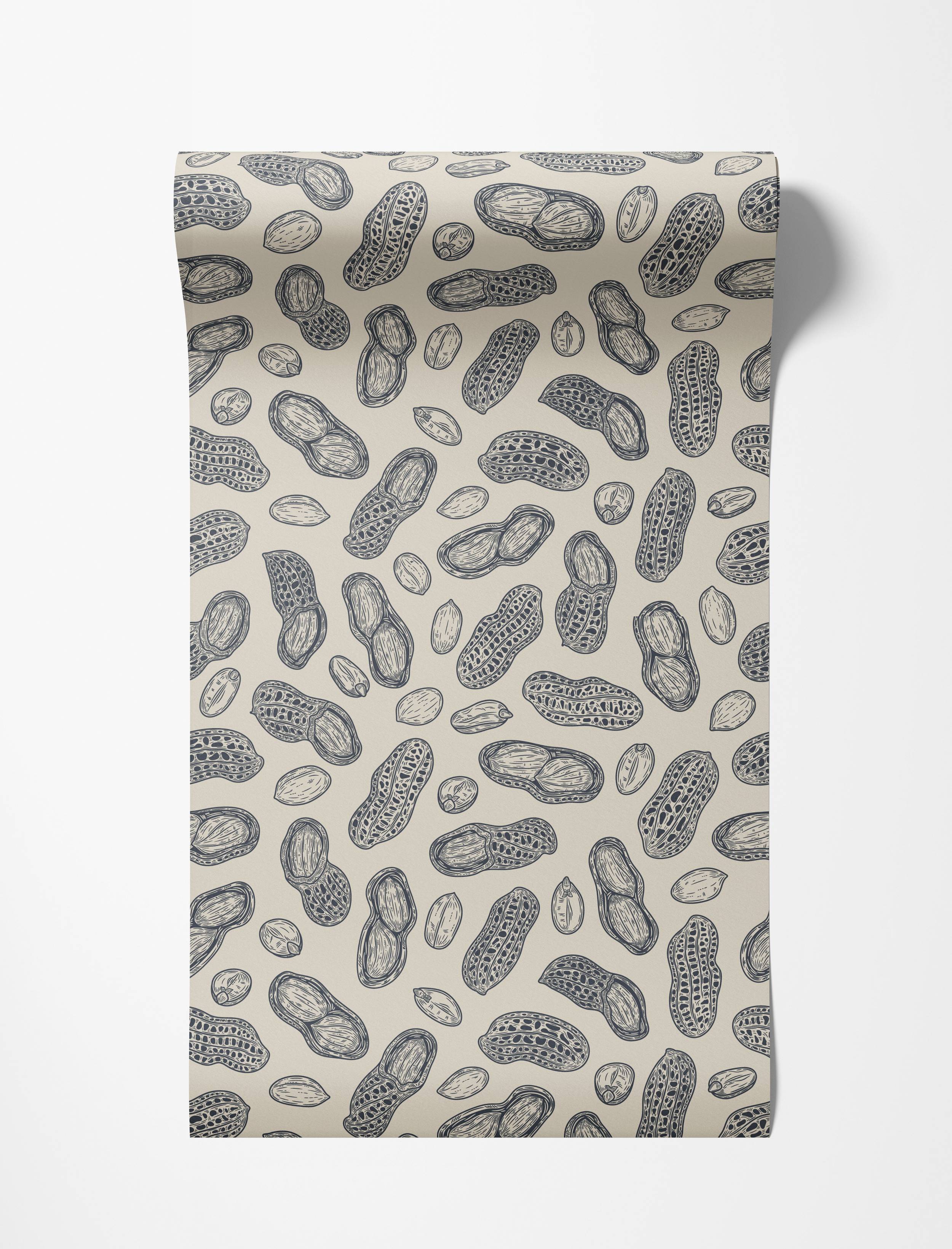 Wallpaper with an engraved-style repeating pattern of peanuts in dark blue on a light beige background.