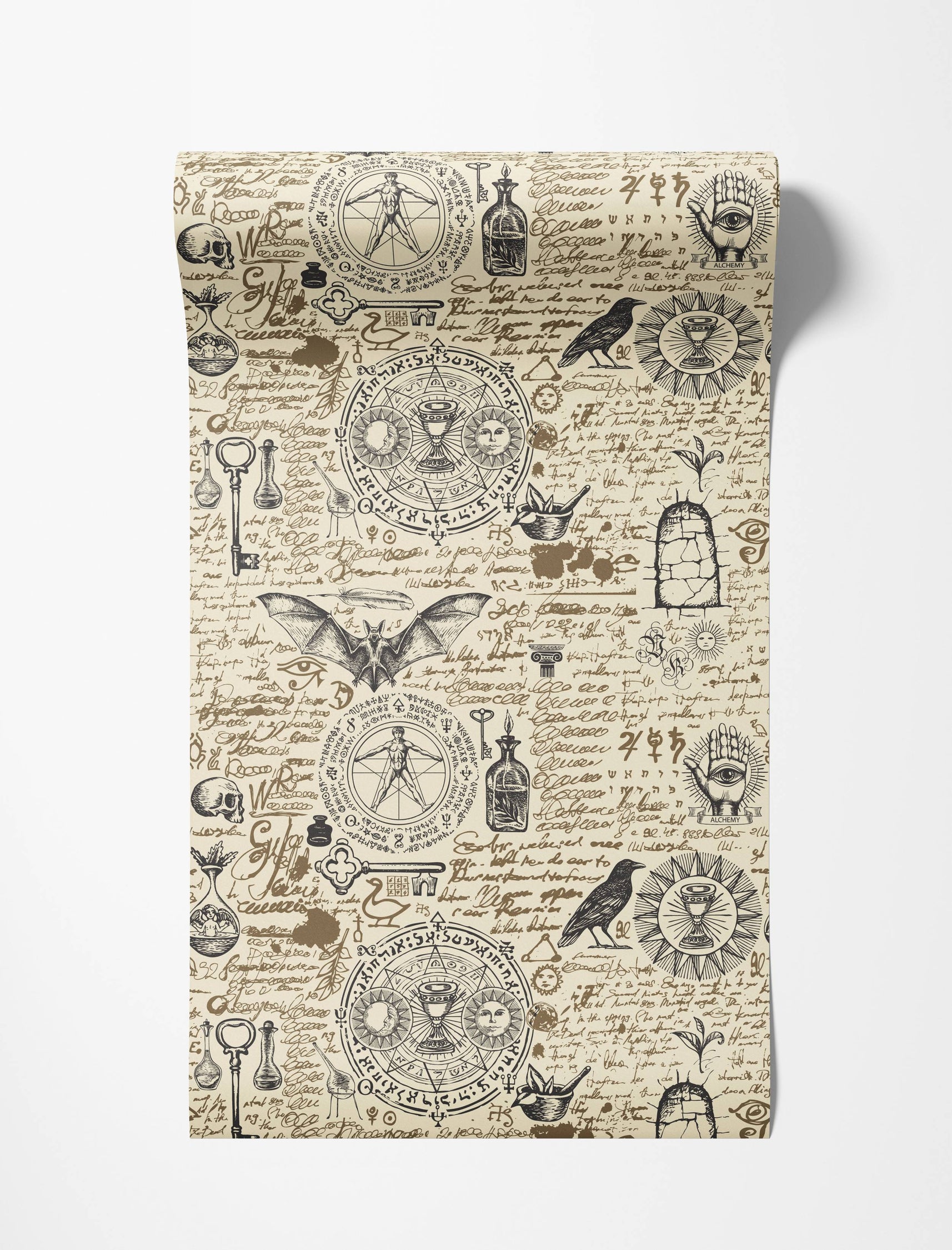 Wallpaper with a repeating esoteric collage of mystical symbols and script in brown and black on a beige background.