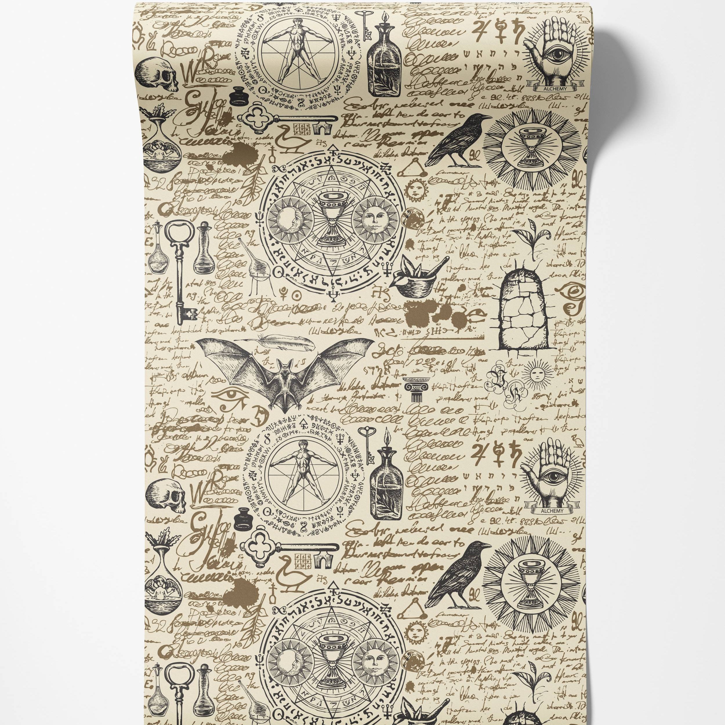Wallpaper with a repeating esoteric collage of mystical symbols and script in brown and black on a beige background.