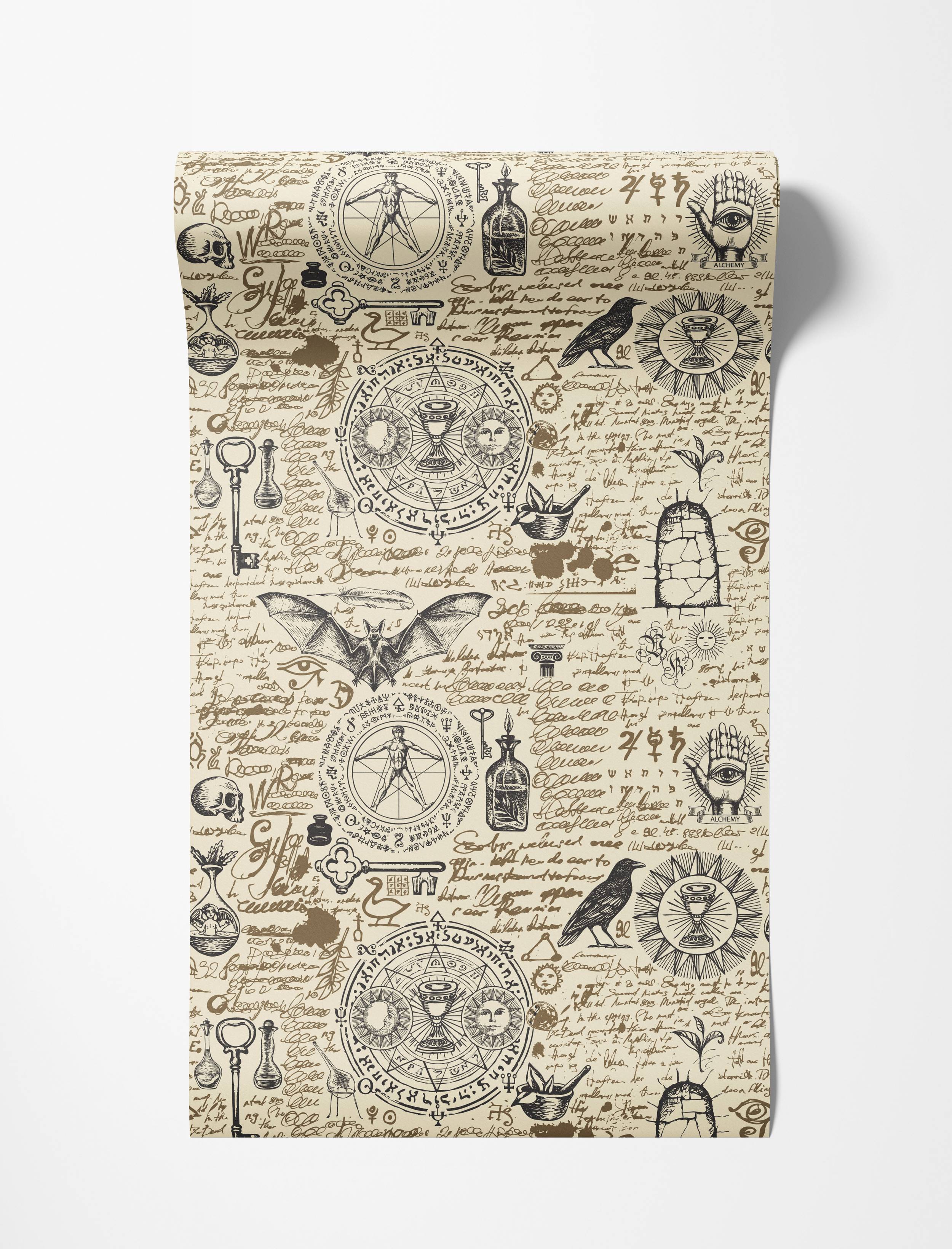Wallpaper with a repeating esoteric collage of mystical symbols and script in brown and black on a beige background.