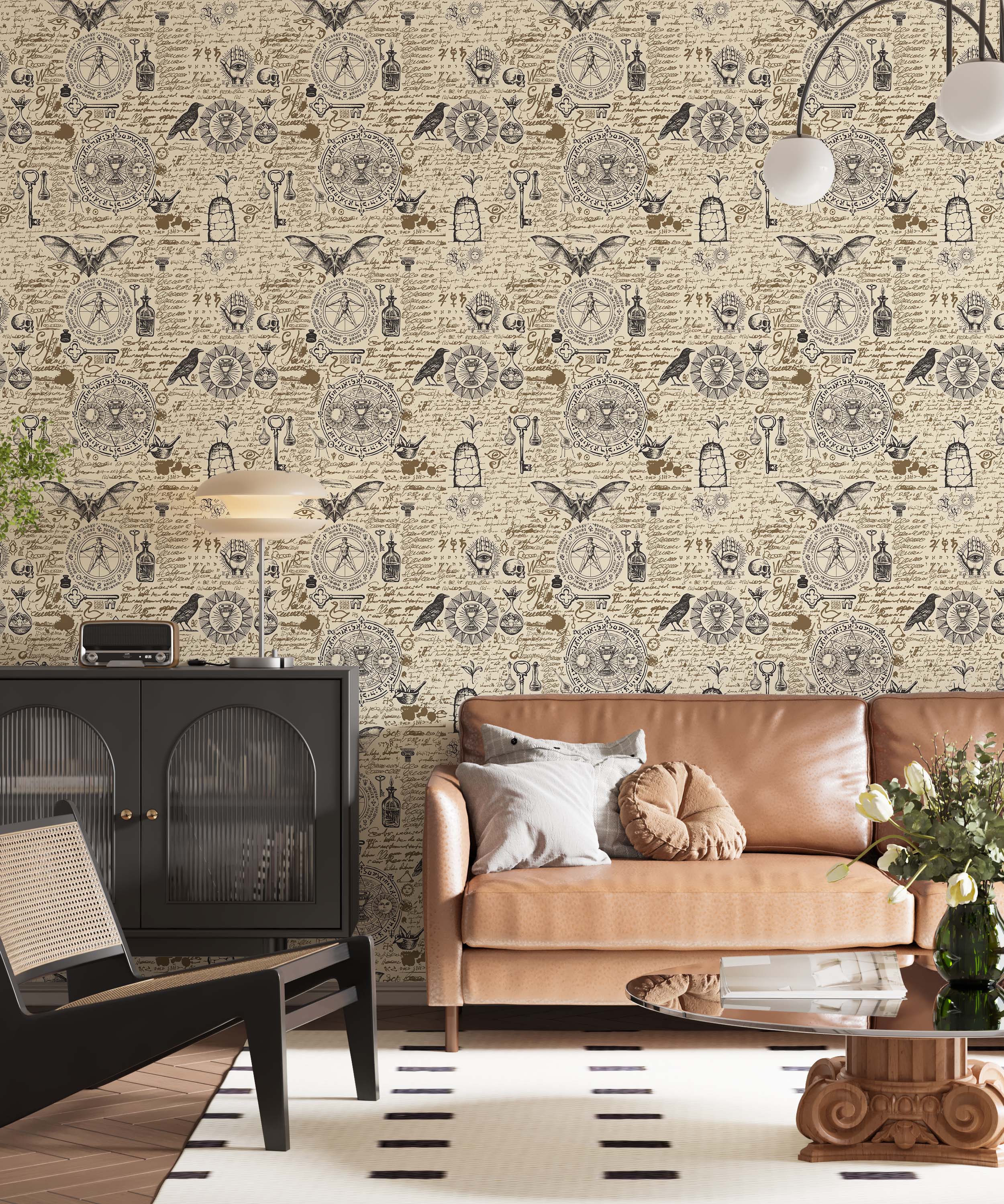 Esoteric wallpaper with repeating black and brown alchemical symbols, script, bats, and ravens on a beige background.