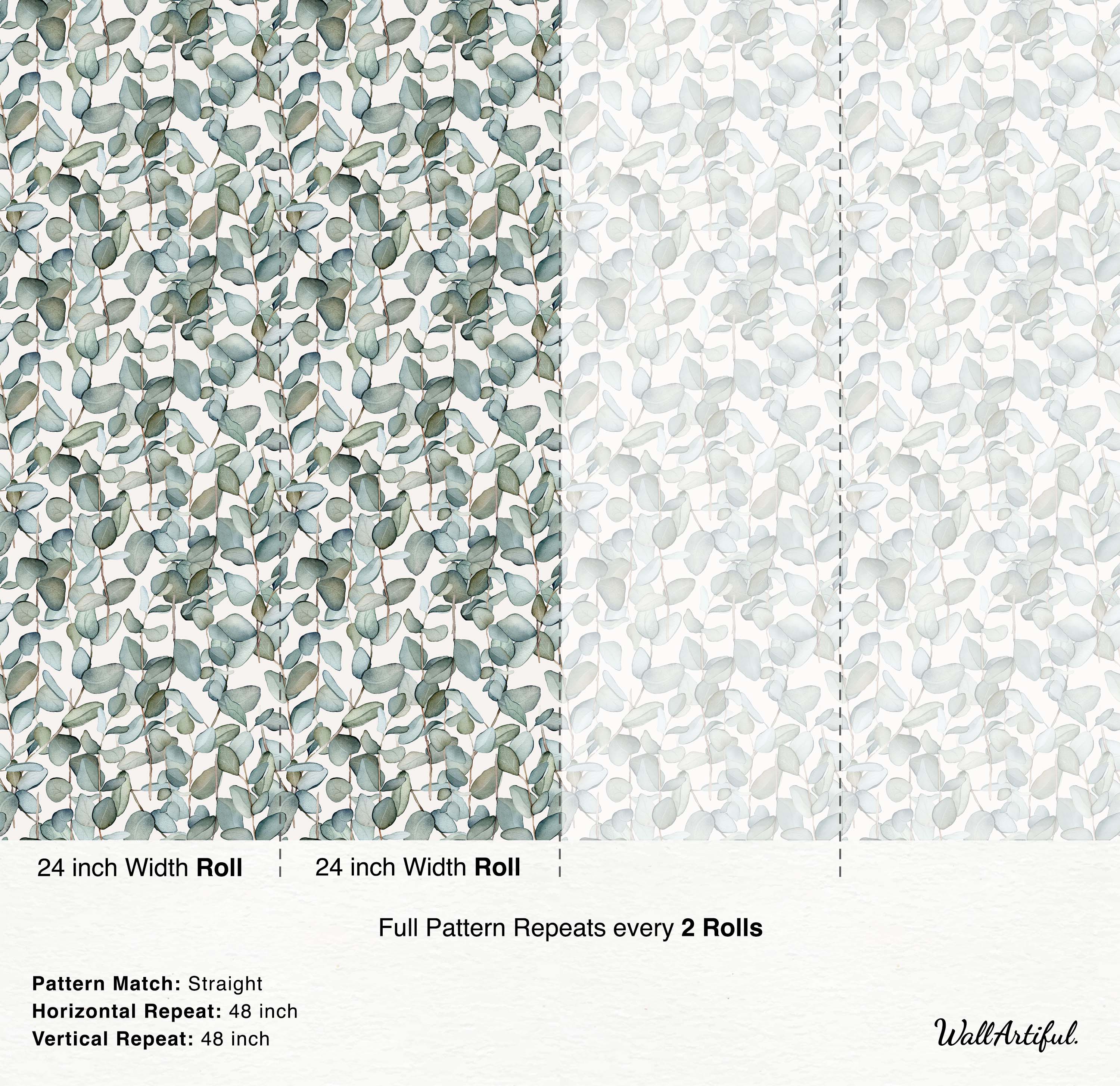 Watercolor wallpaper featuring vertical eucalyptus stems with muted green and blue-green leaves on a light background.