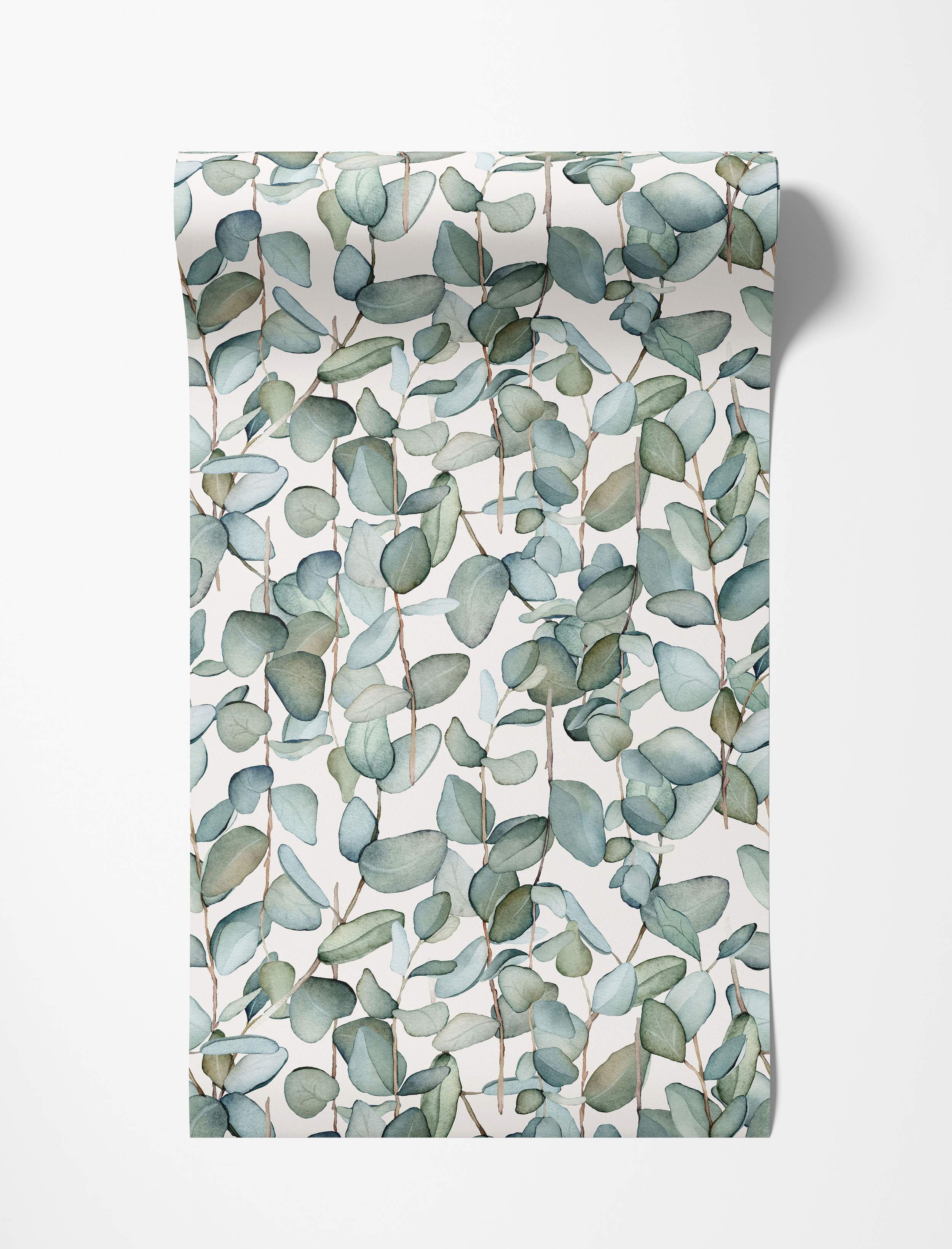Watercolor eucalyptus wallpaper featuring trailing branches with muted green and blue-green rounded leaves on a light background.