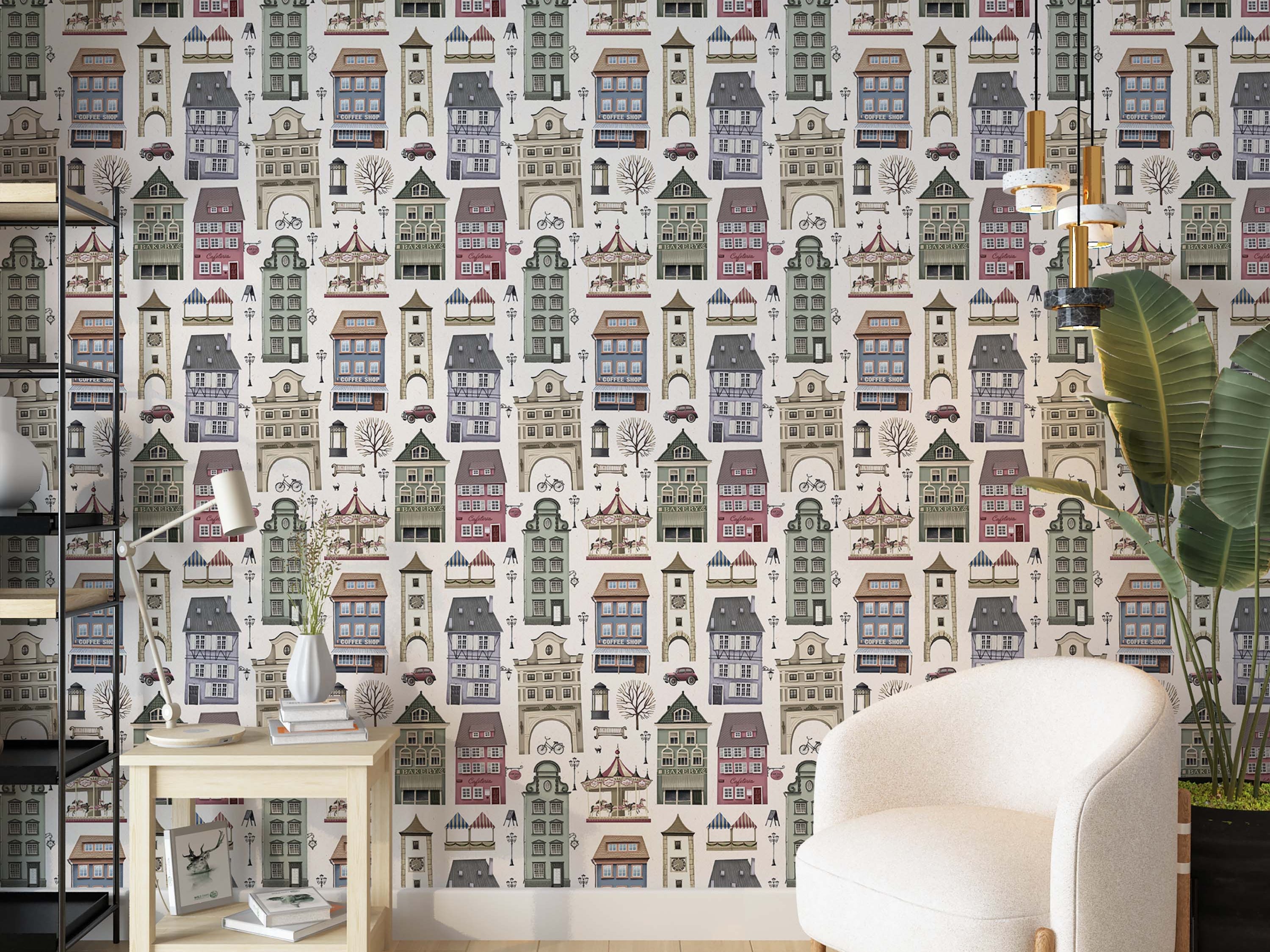 Whimsical wallpaper depicting an illustrated European town with multicolored buildings, carousels, and street scenes on a light background.