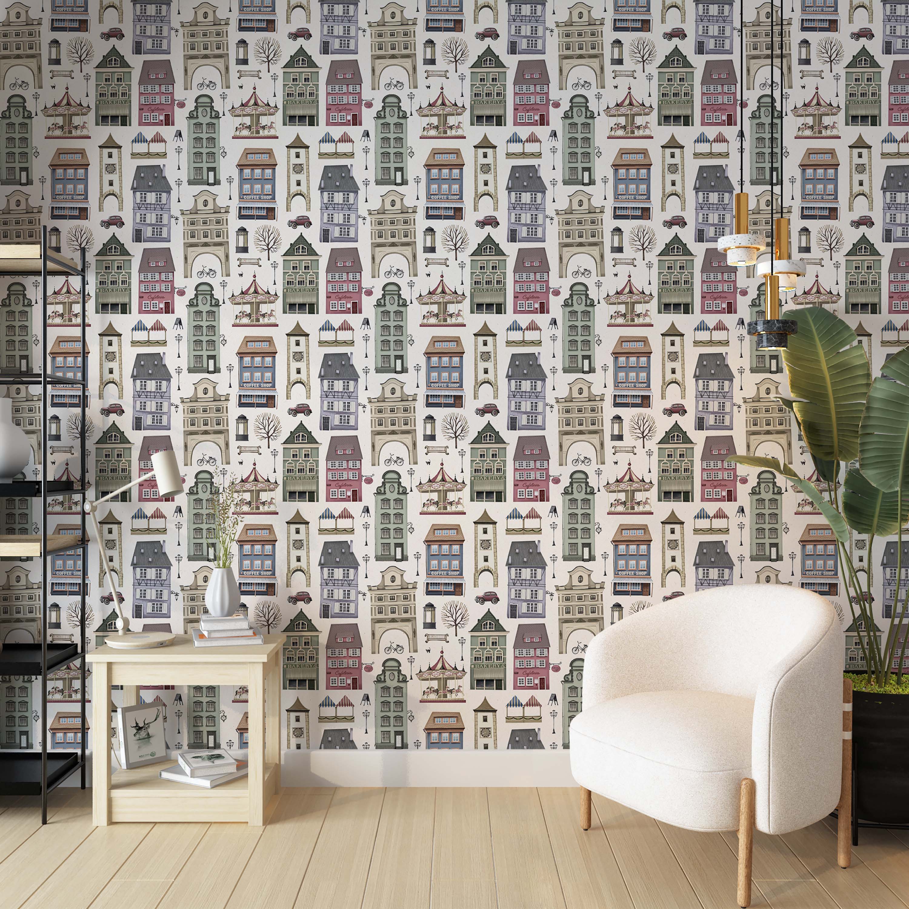 Whimsical wallpaper depicting an illustrated European town with multicolored buildings, carousels, and street scenes on a light background.