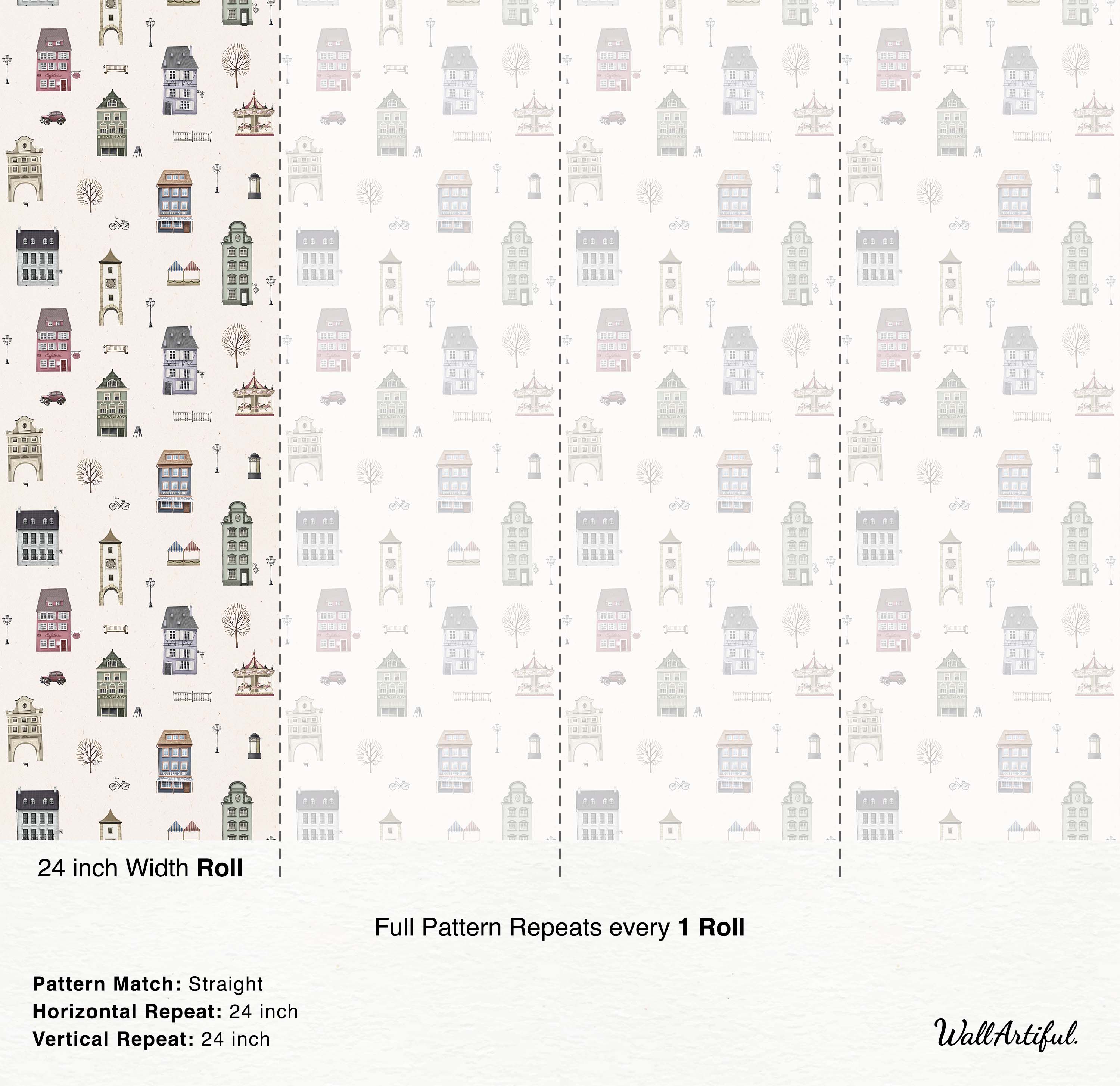 Illustrated wallpaper with a repeating pattern of quaint European buildings, a carousel, and trees in muted pastel shades.