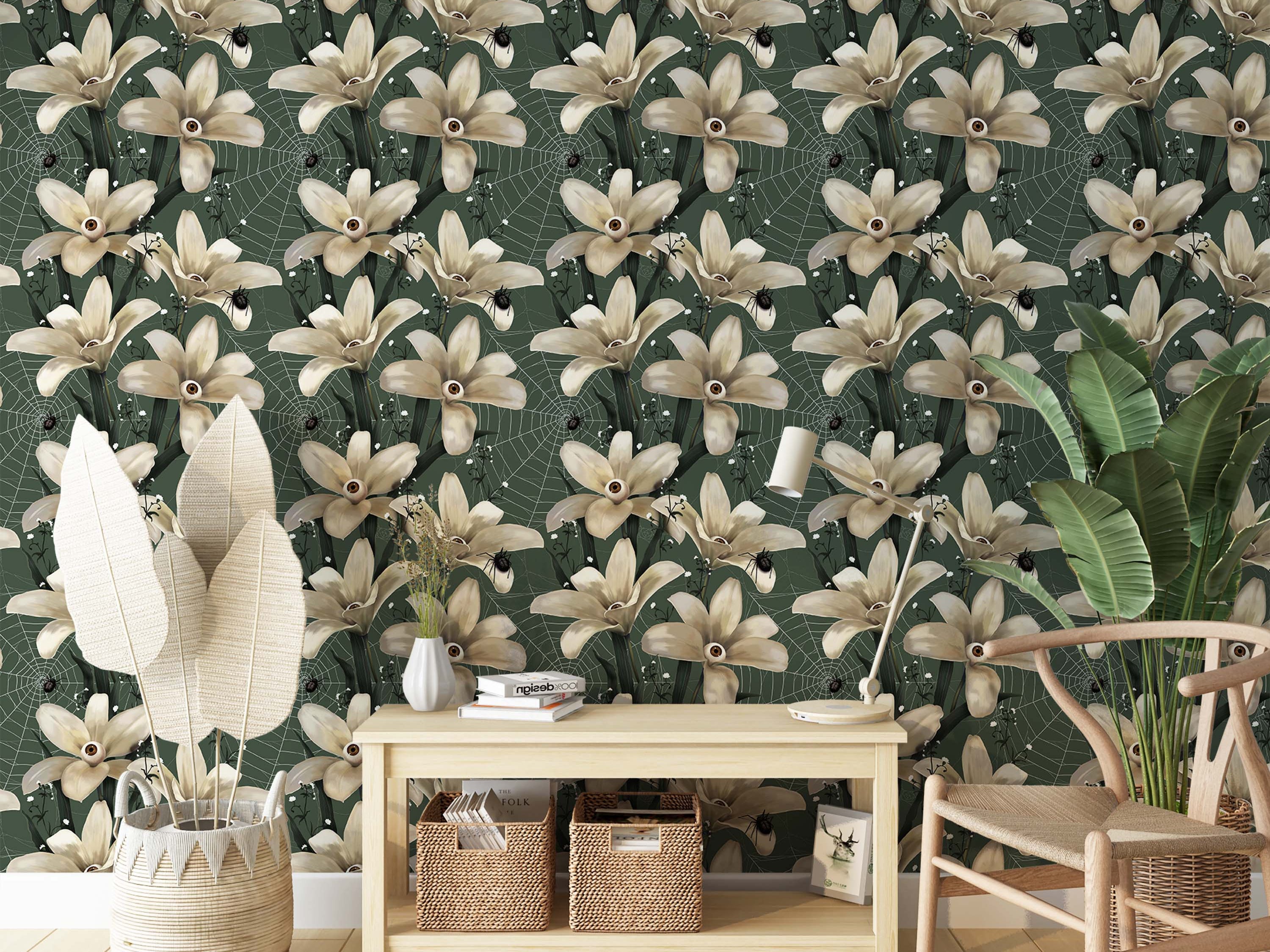 Gothic wallpaper featuring cream flowers with eyeballs as centers, black spiders, and webs on a dark green background.