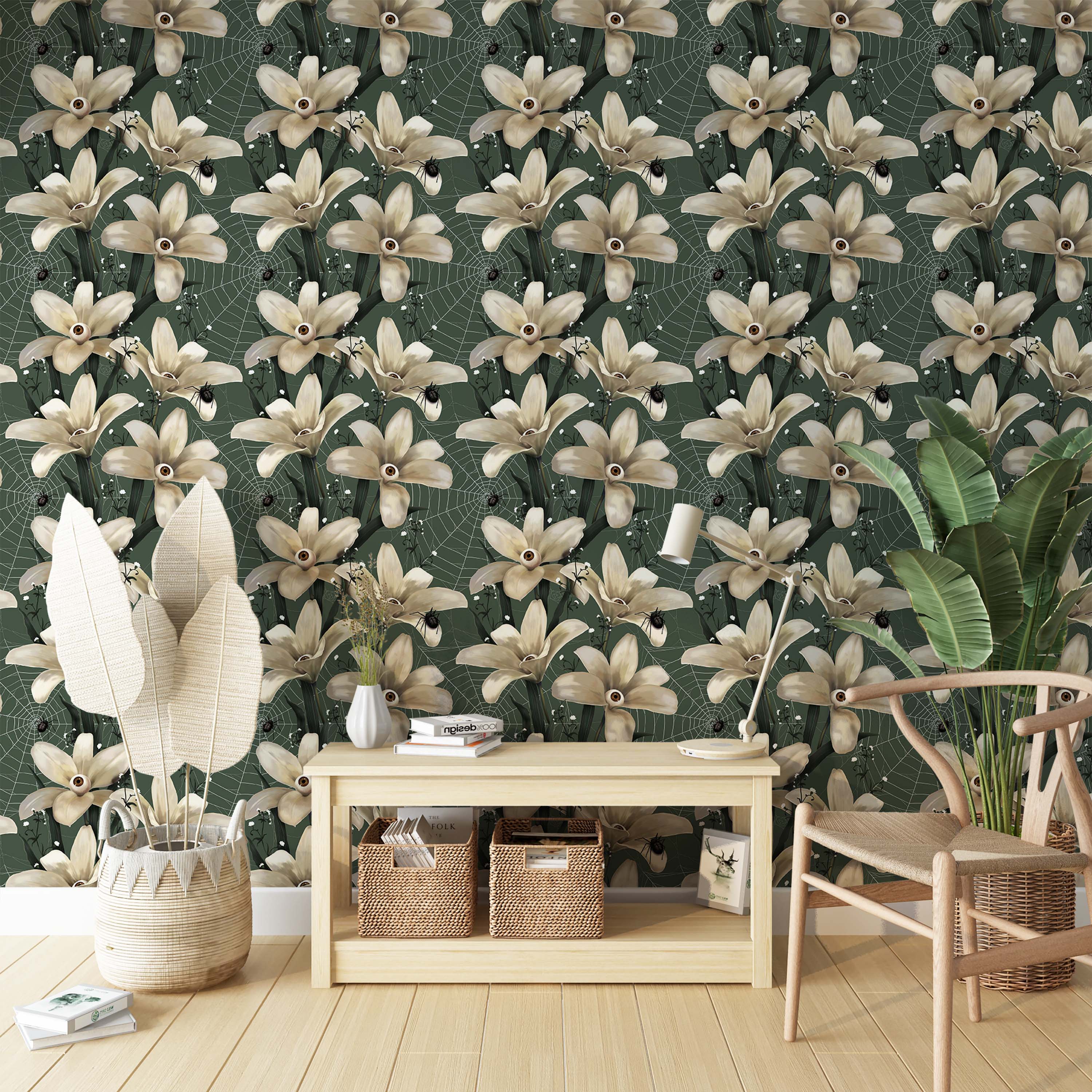 Gothic wallpaper featuring cream flowers with eyeballs as centers, black spiders, and webs on a dark green background.