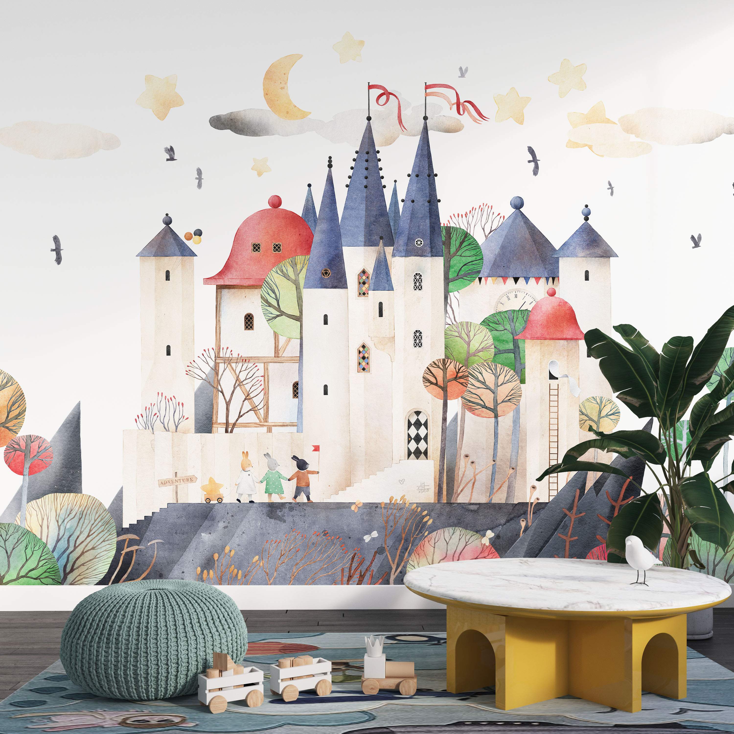 Colorful fairy tale castle mural with trees and whimsical elements.