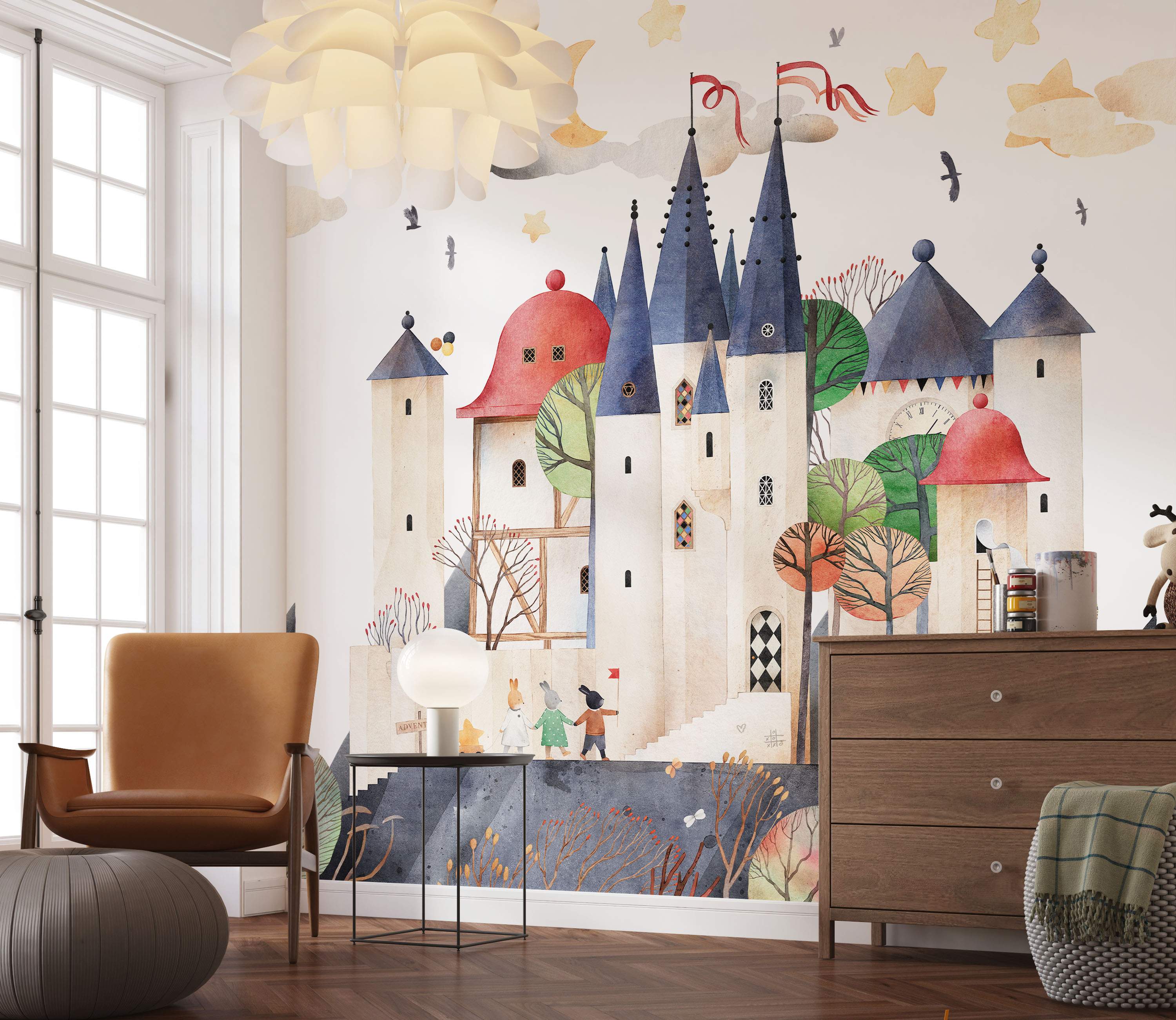 Colorful fairytale castle mural with trees and stars