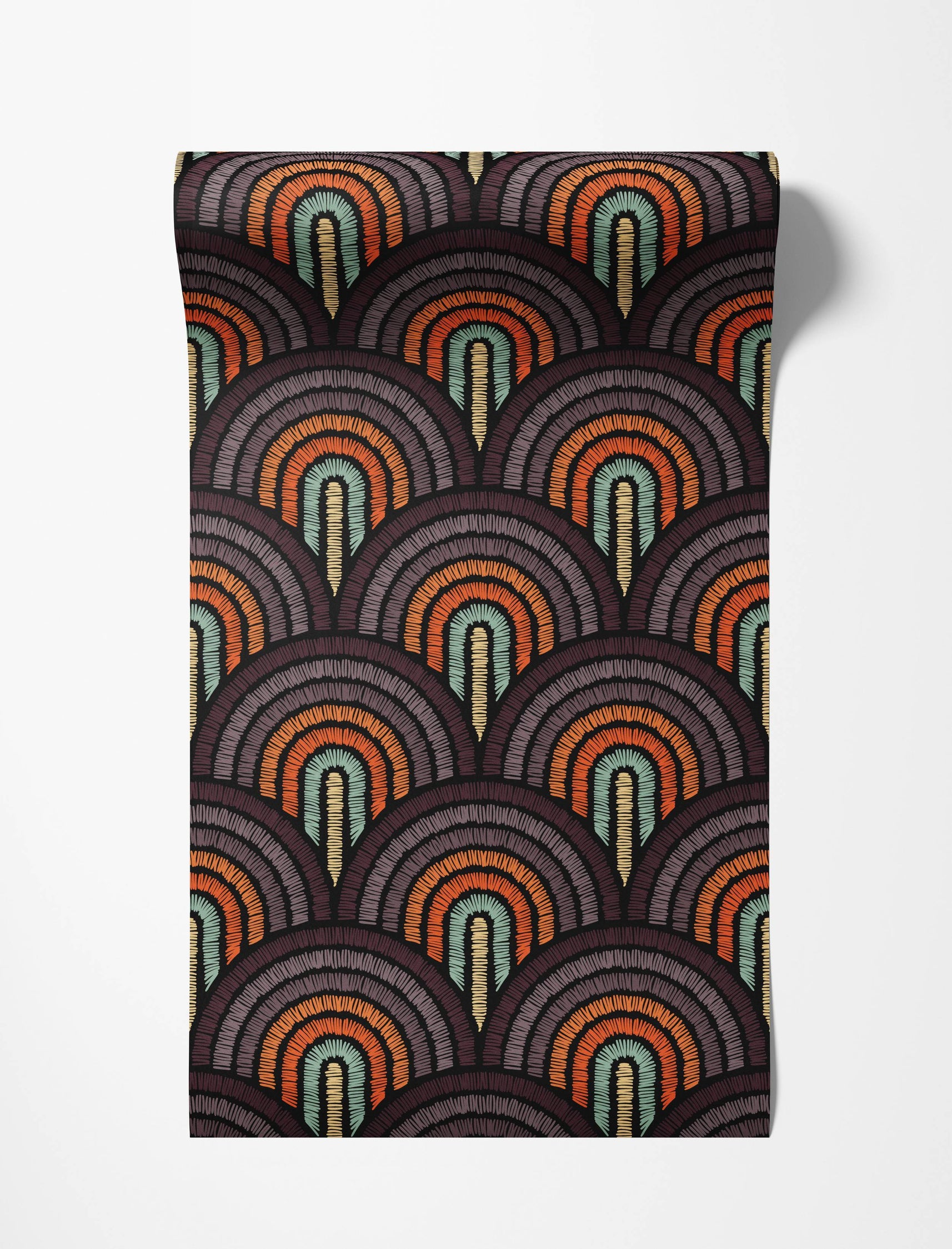 Wallpaper featuring a repeating art deco pattern of stitched, fan-like arches in brown, orange, and teal.