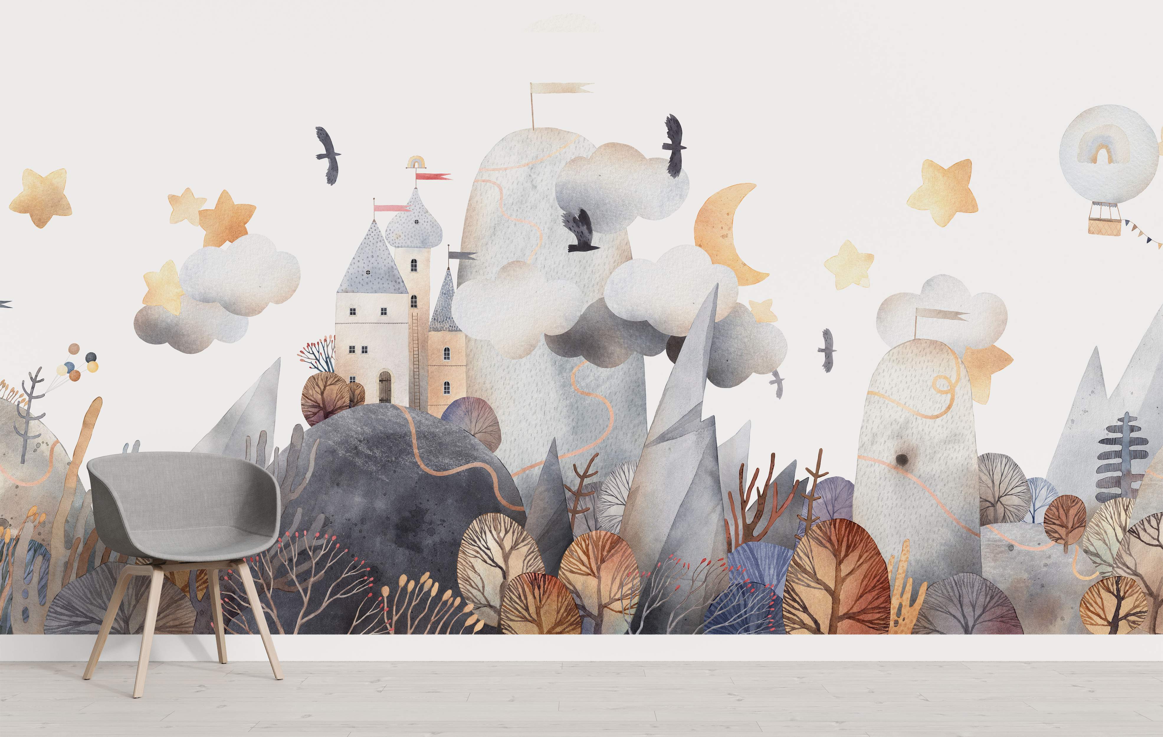 Whimsical watercolor landscape mural with a castle, mountains, stylized trees, clouds, stars, and moon in soft gray, brown, and beige tones.
