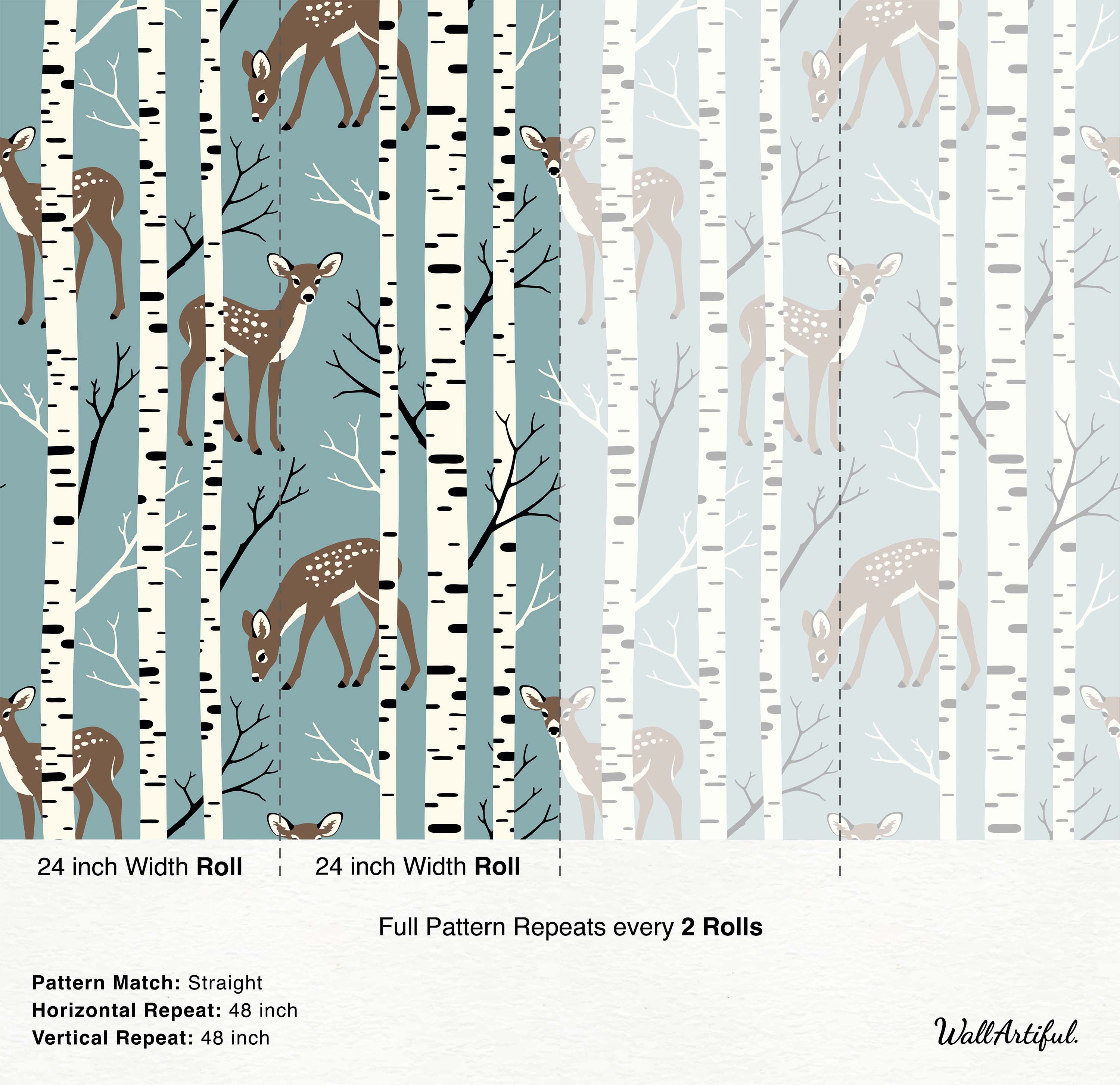 A graphic woodland wallpaper featuring spotted brown fawns and stylized birch trees against a dusty blue background.