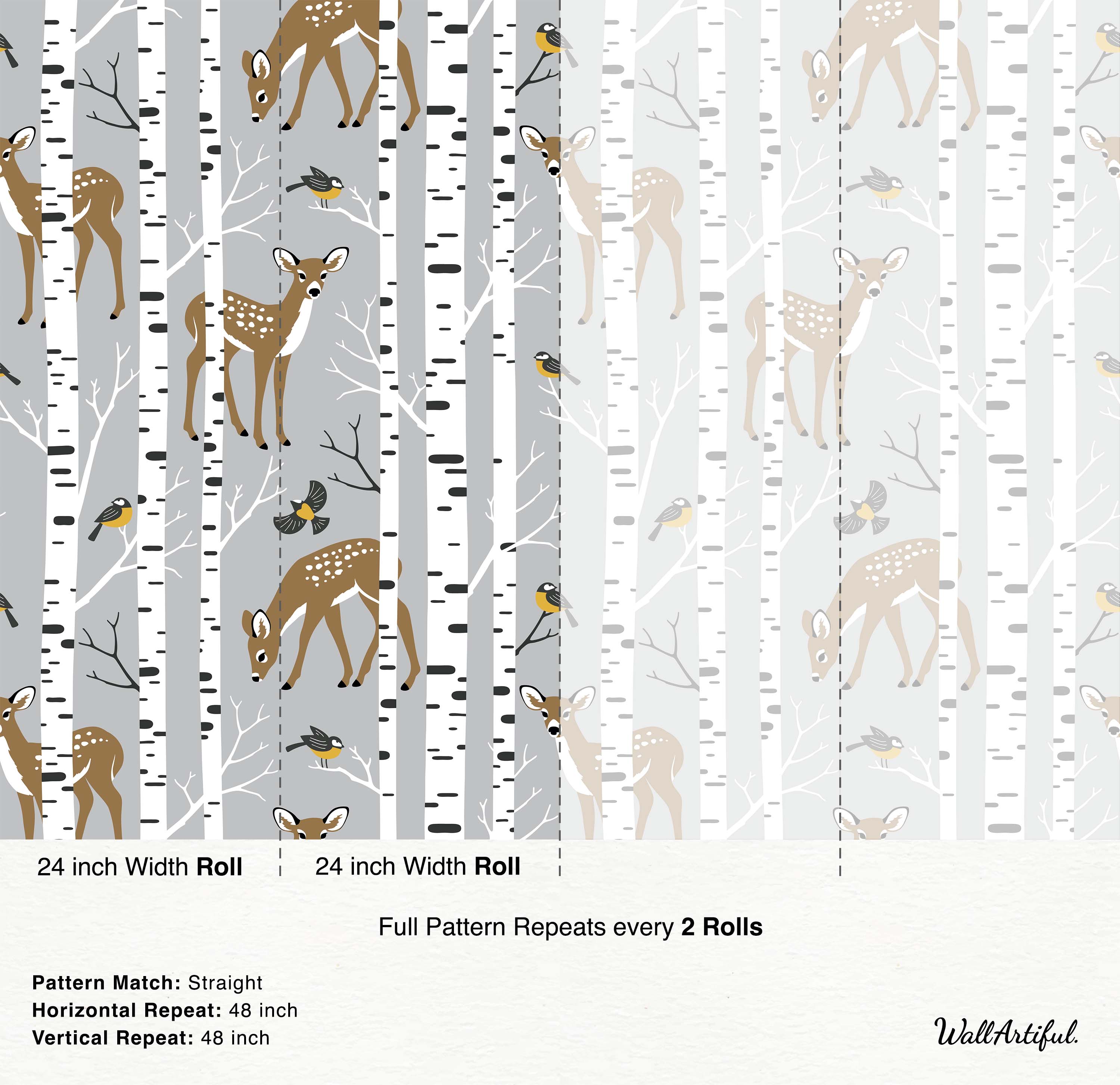 A woodland wallpaper with illustrated fawns and yellow birds among white and gray birch trees on a gray background.
