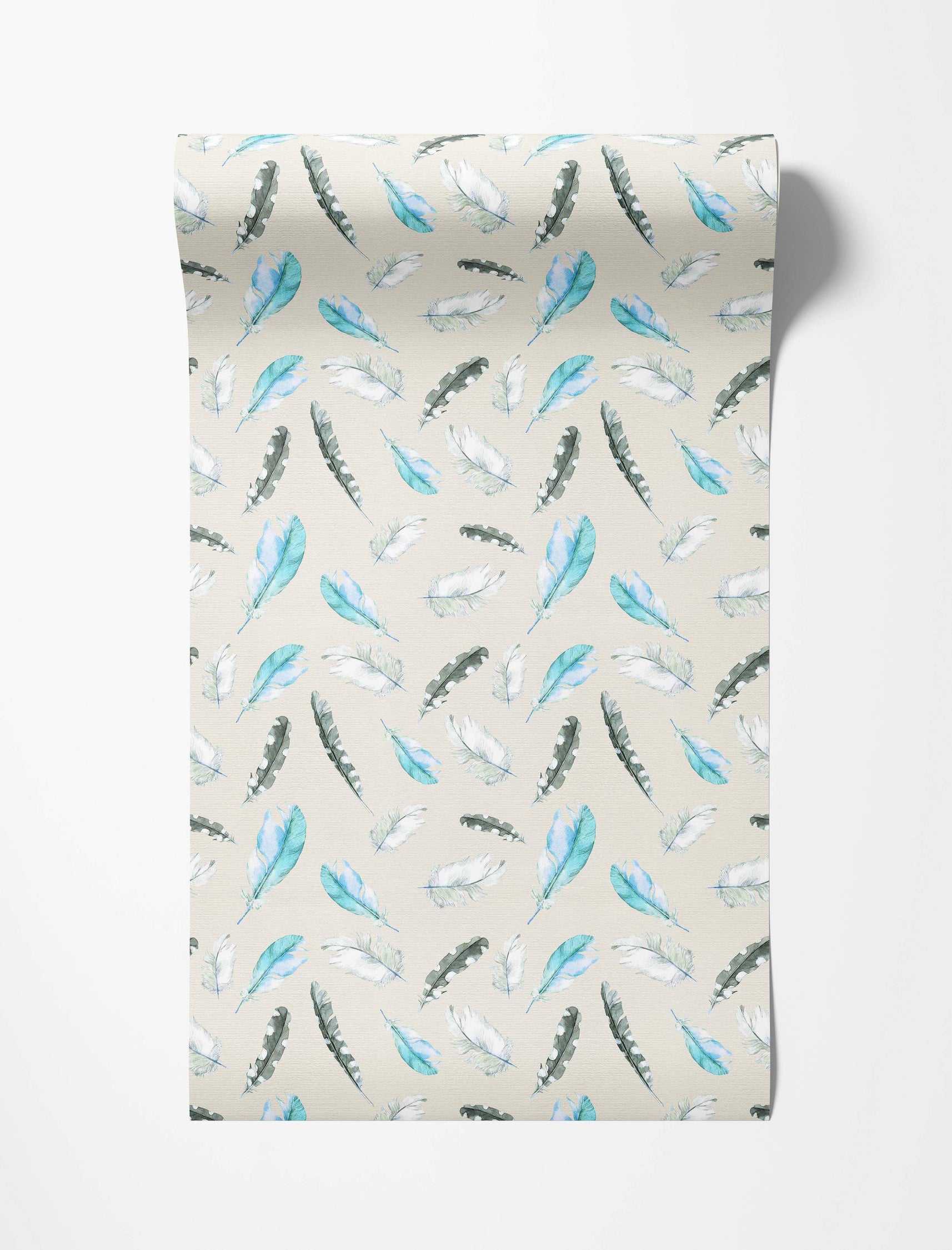 Wallpaper featuring scattered watercolor feathers in blue, gray, and white on a light beige textured background.