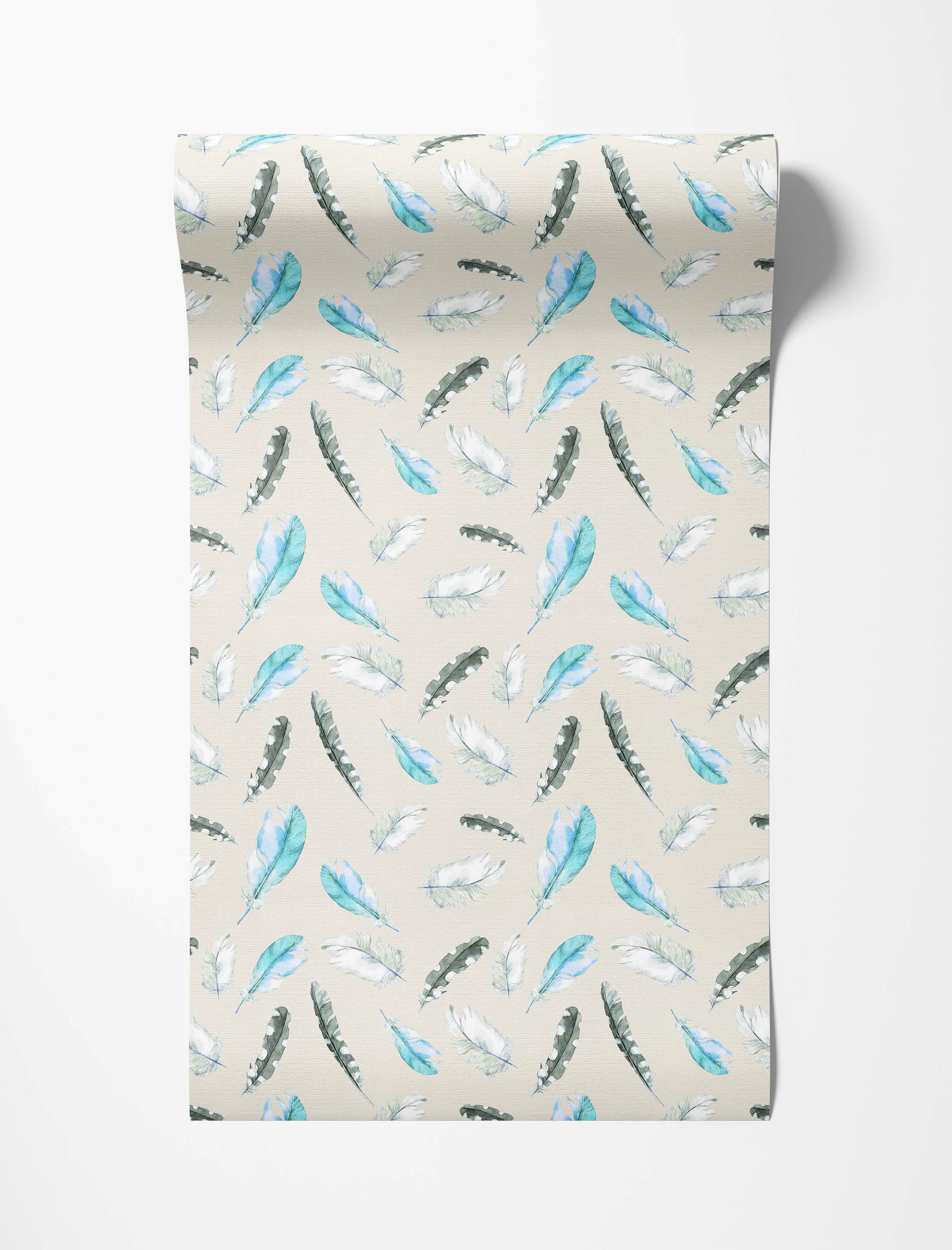 Wallpaper featuring scattered watercolor feathers in blue, gray, and white on a light beige textured background.
