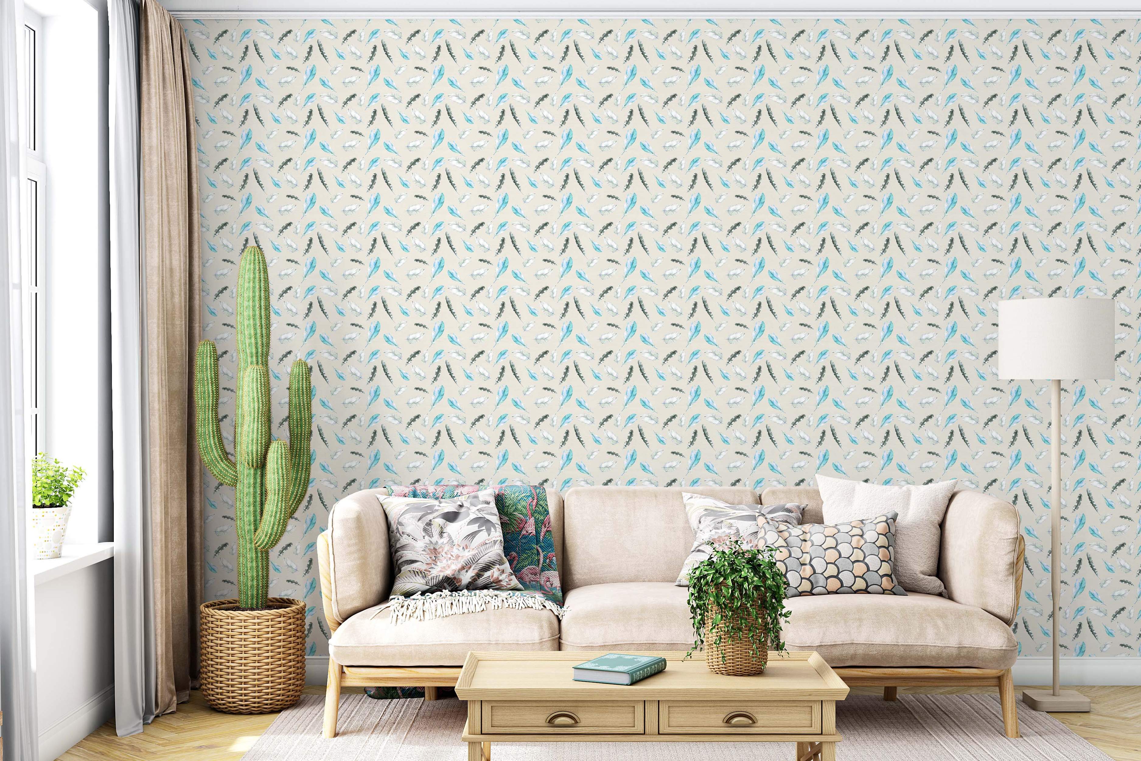 Scattered watercolor feather wallpaper featuring light blue, dark gray, and white feathers on a light beige background.