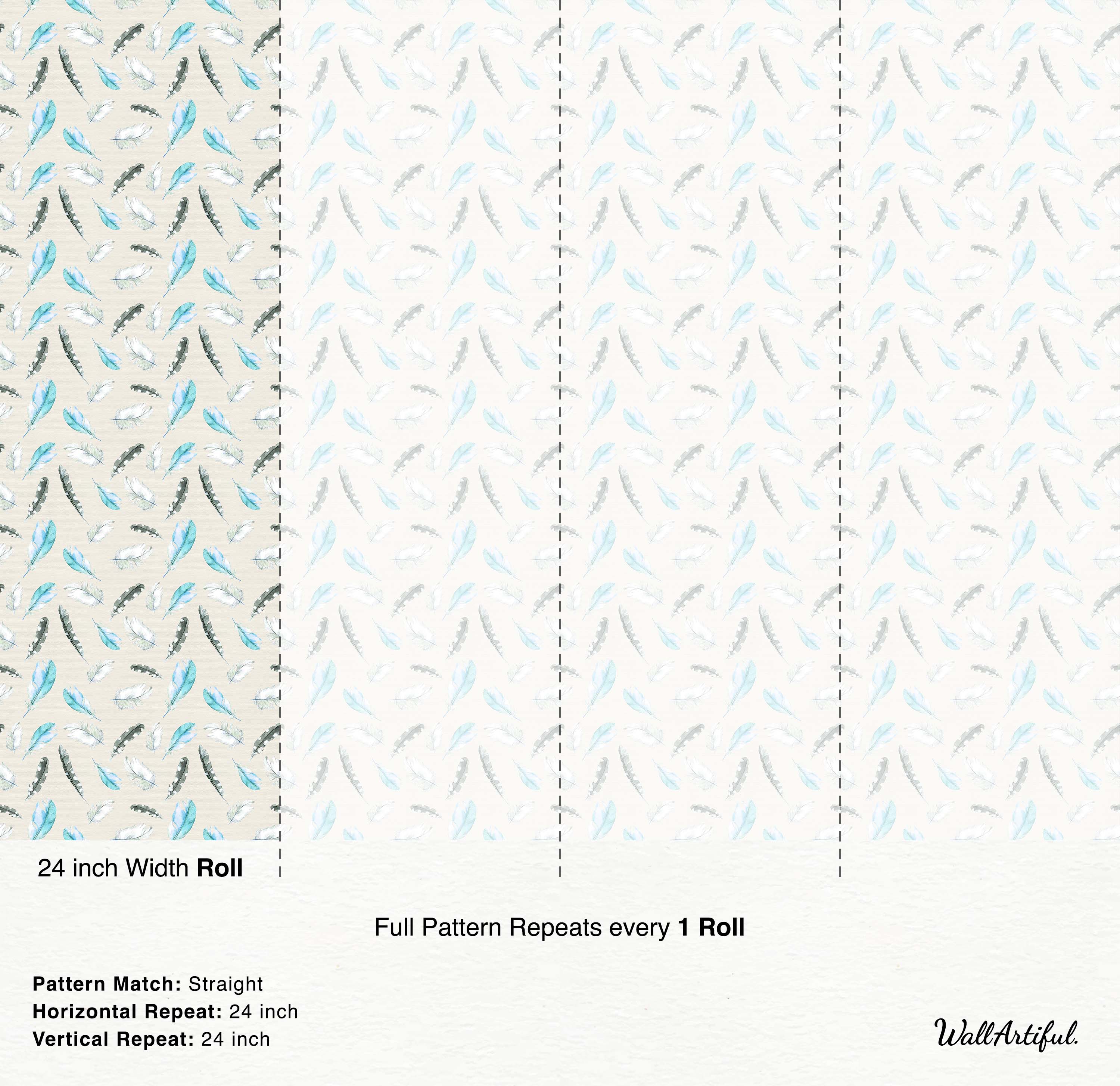 Watercolor wallpaper featuring scattered feathers in soft blue, grey, and white tones on a light beige background.