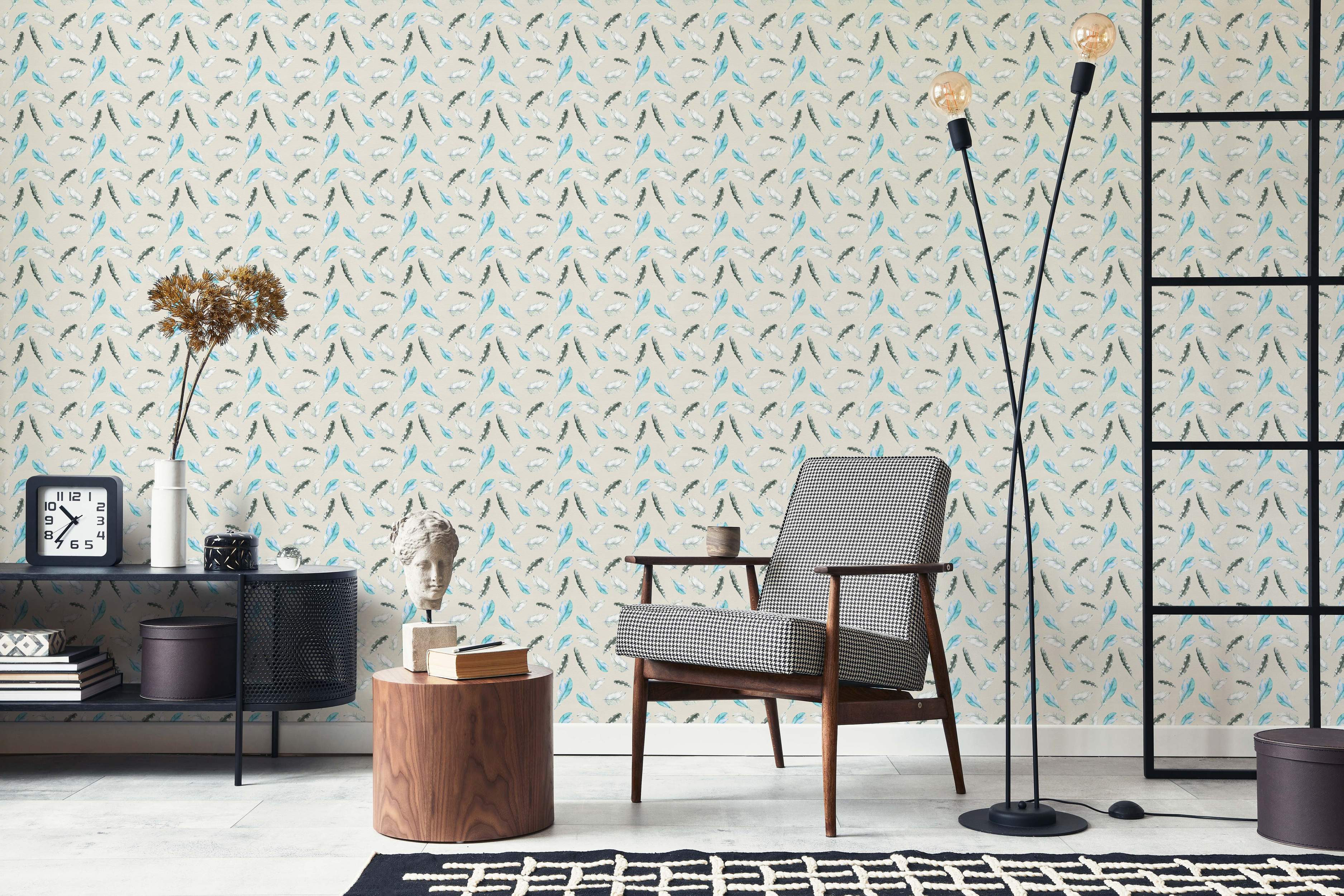 Wallpaper featuring a scattered pattern of watercolor feathers in shades of blue, grey, and white on a light beige background.