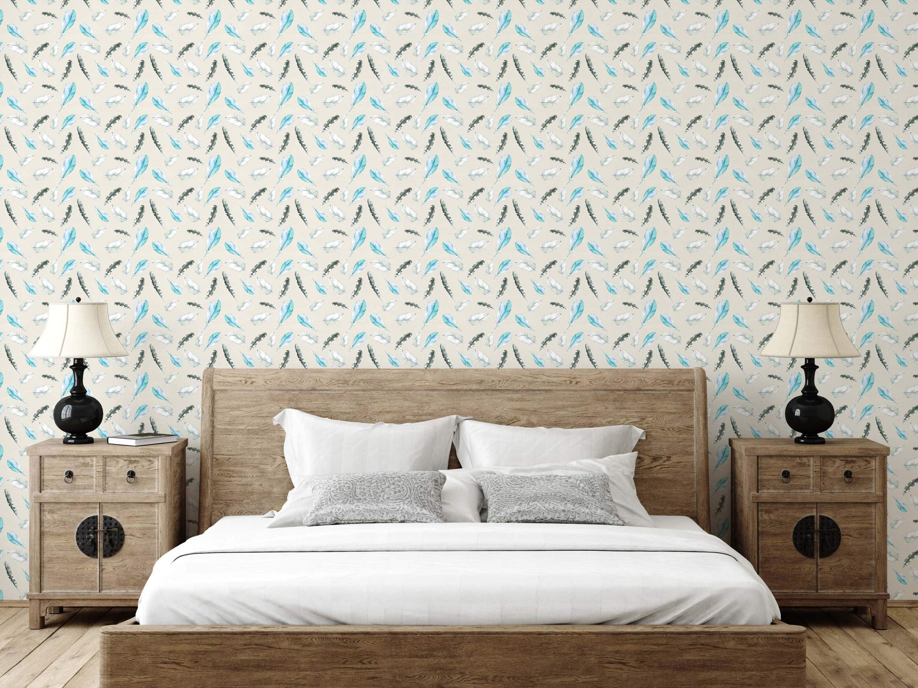 Watercolor feather wallpaper with scattered light blue, dark grey, and white feathers on a neutral beige background.