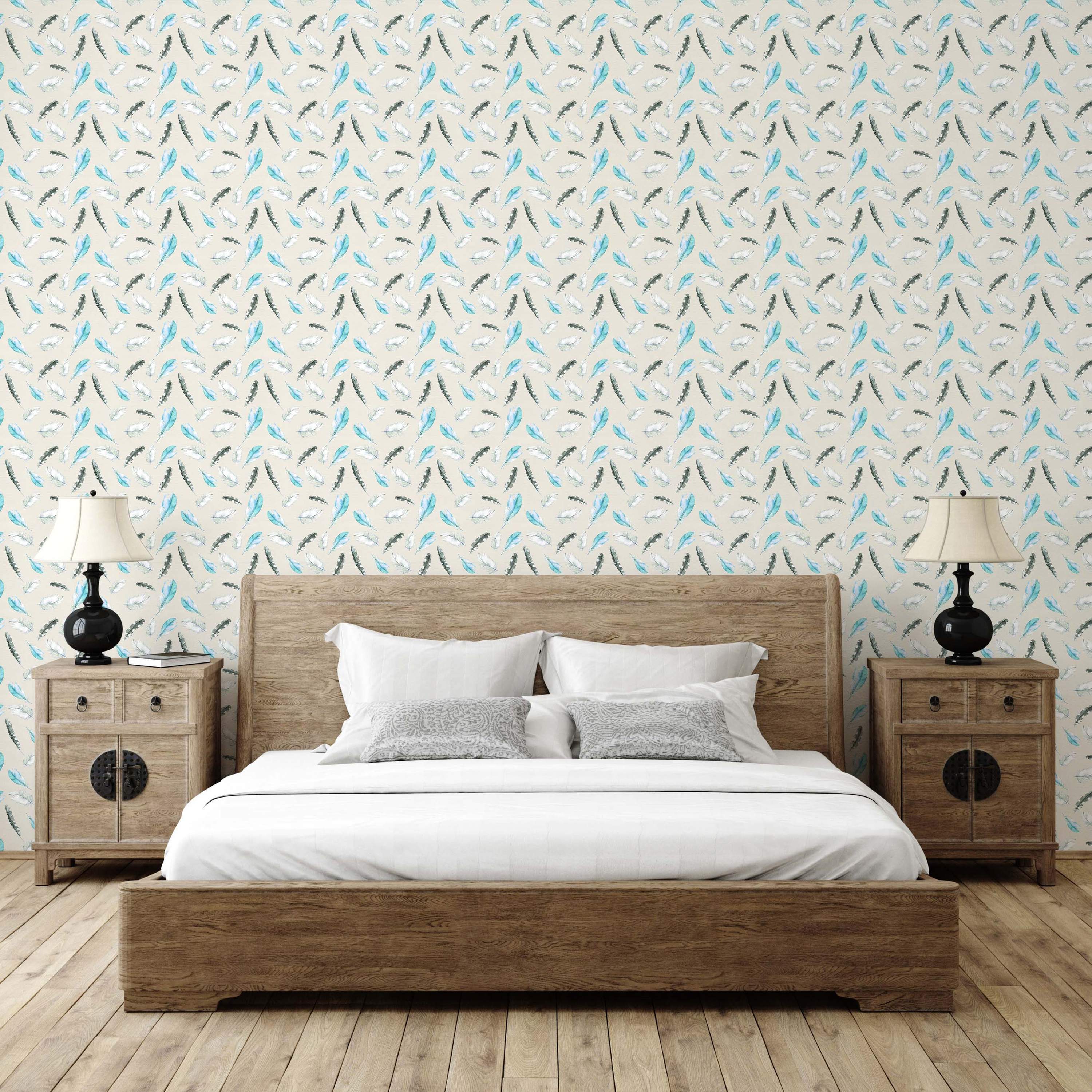 Watercolor feather wallpaper with scattered light blue, dark grey, and white feathers on a neutral beige background.
