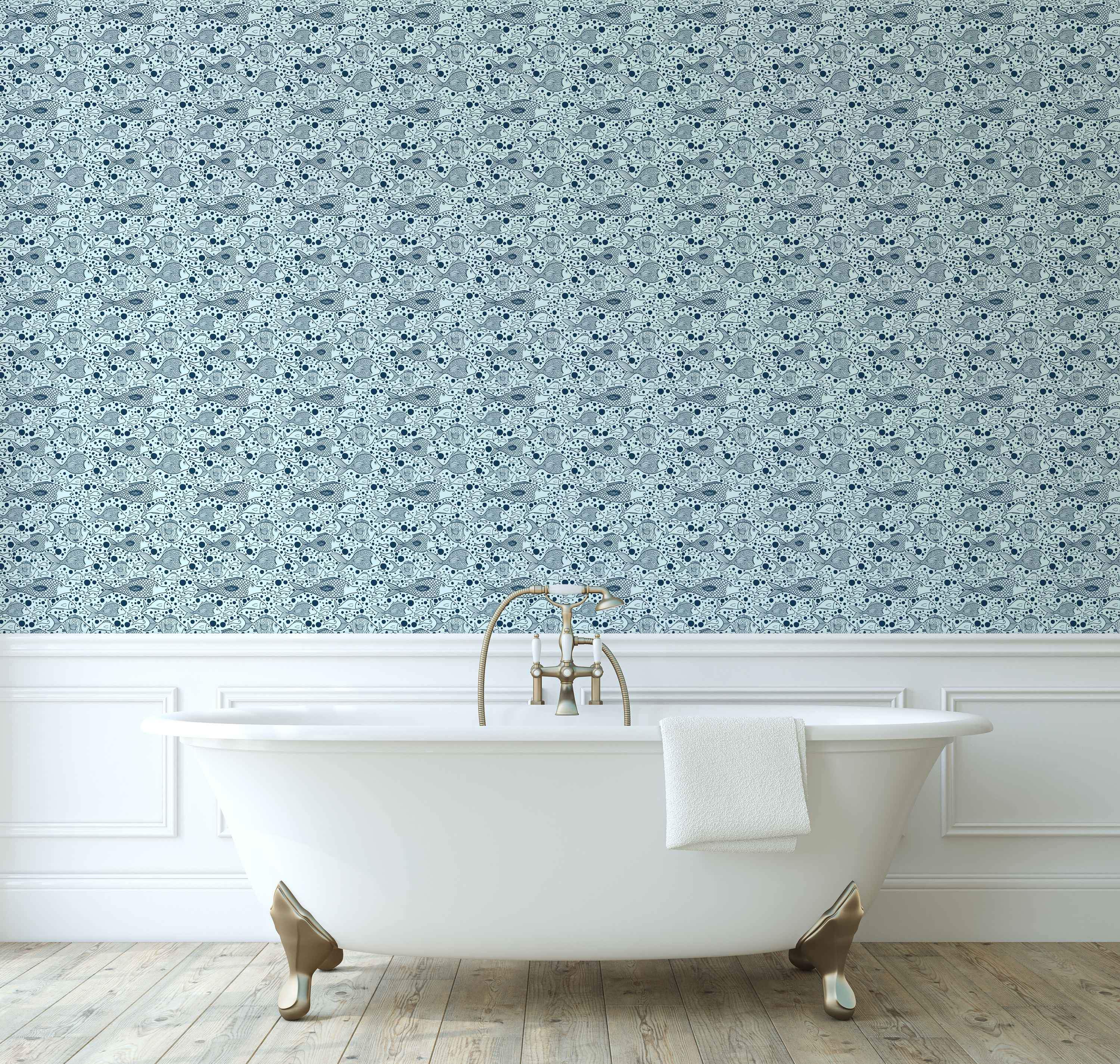 Illustrated wallpaper featuring various blue fish and bubbles swimming horizontally on a light blue background.
