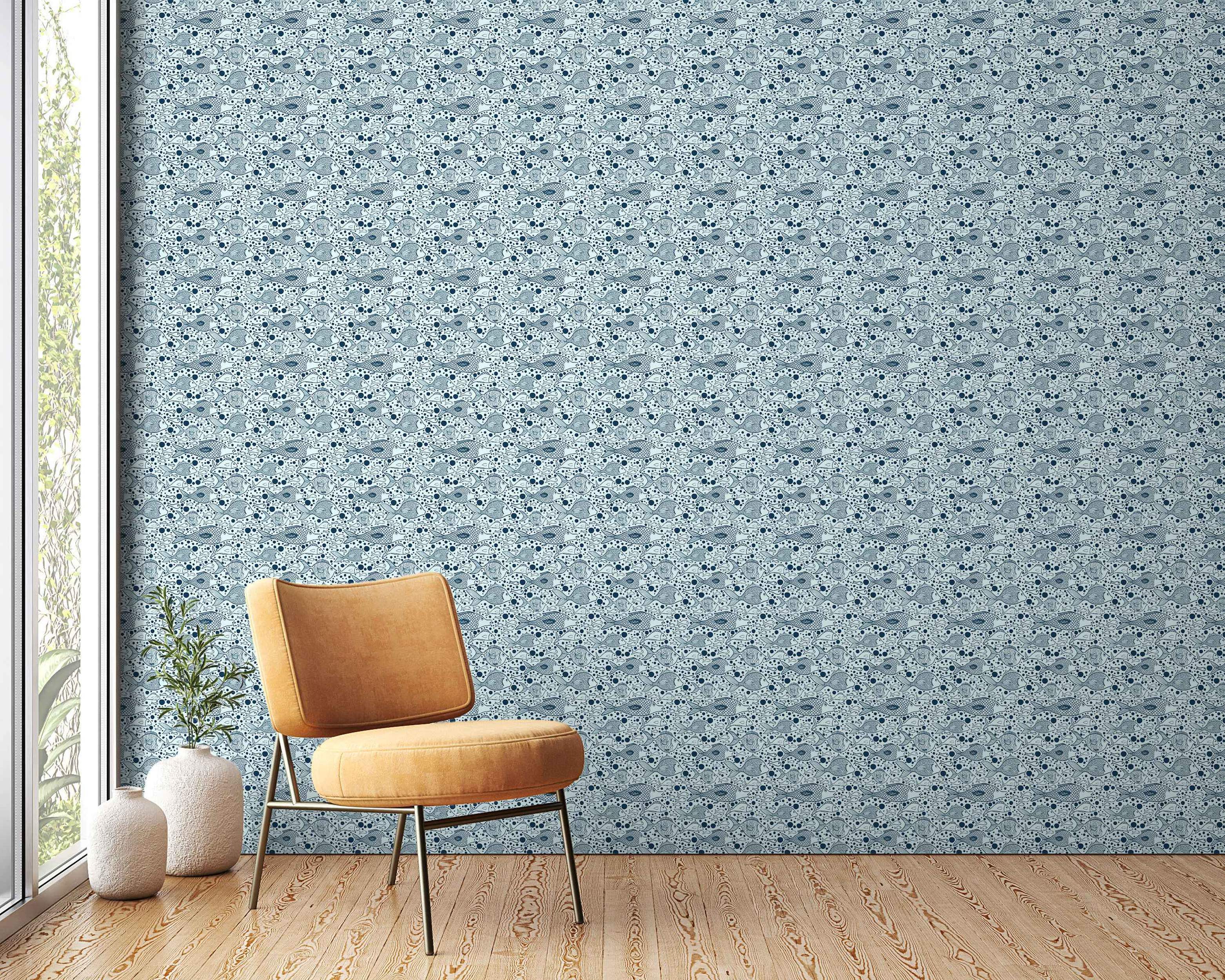 Wallpaper featuring an illustrative pattern of various blue fish and dots swimming on a light blue background.
