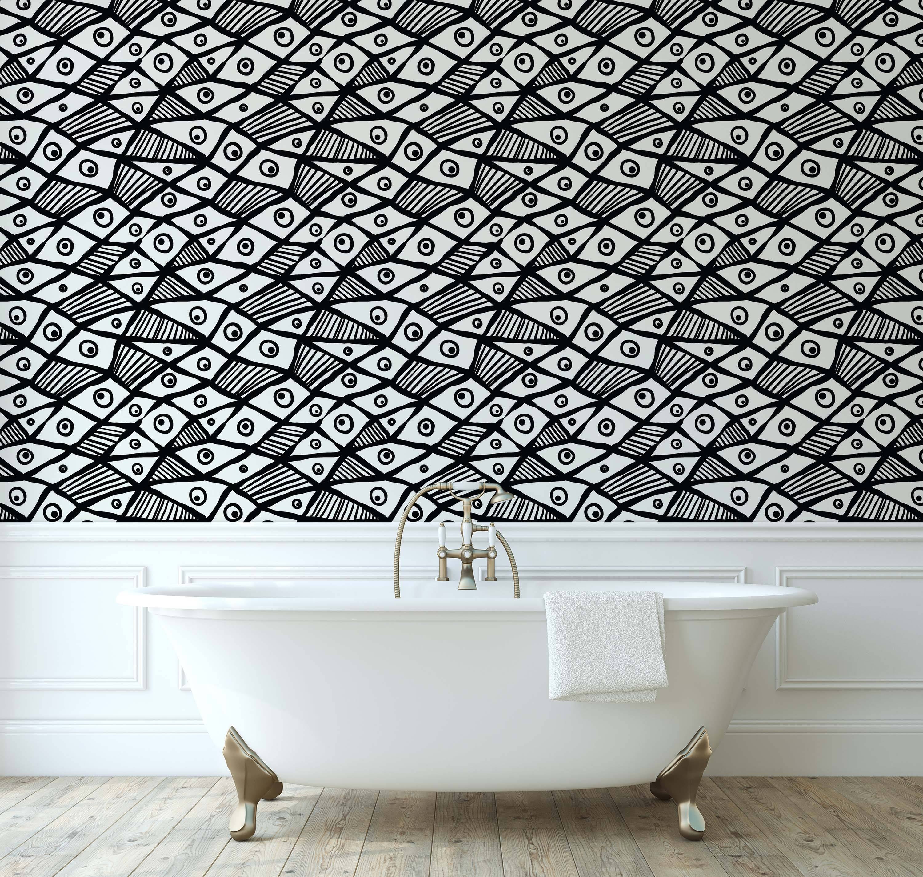 Abstract black line art wallpaper depicting stylized fish or eyes in a repeating pattern on a white field.